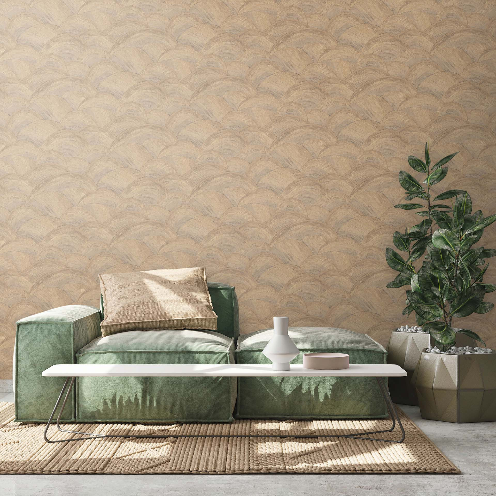 behang golfpatroon beige, bruin, goud - modern patroonbehang glanzend voor de keuken