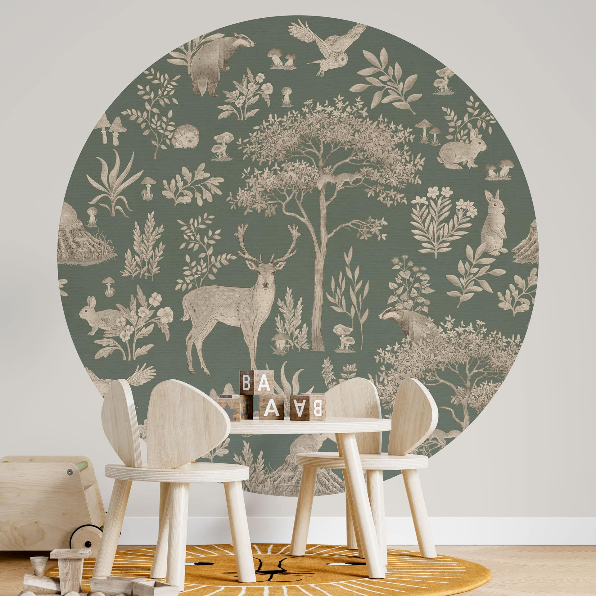 Betoverend bos met dieren behang - Vintage groen - Kikki Belle - Rond - vliesbehang/zelfklevend vlie