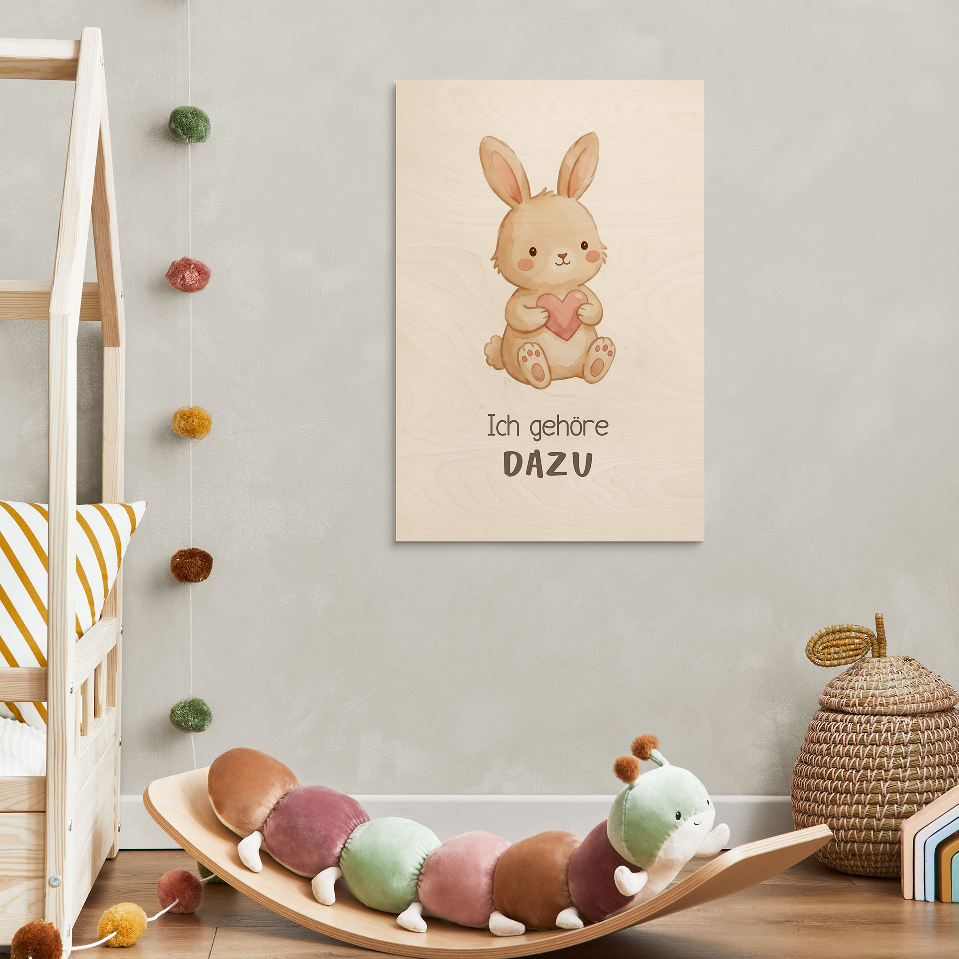 Holzbild mit Hase und Herz - Glaubenssatz 'Ich gehöre dazu' fürs Kinderzimmer