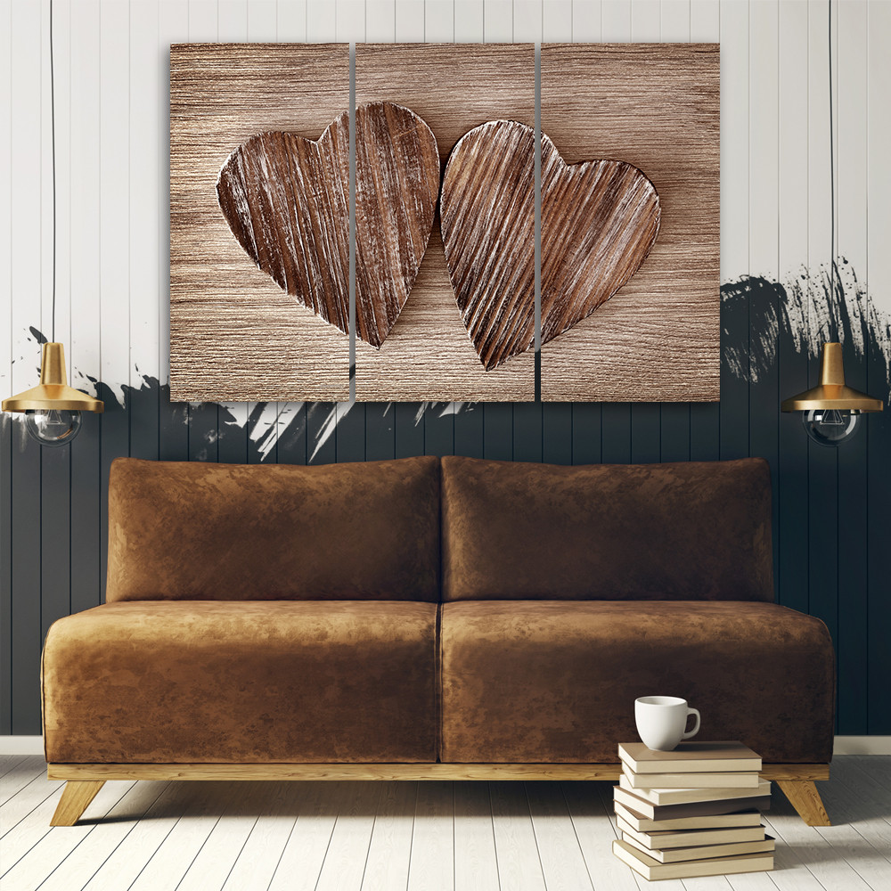 3 stykke lærred Print Heart Wood Brown Retro Shabby
