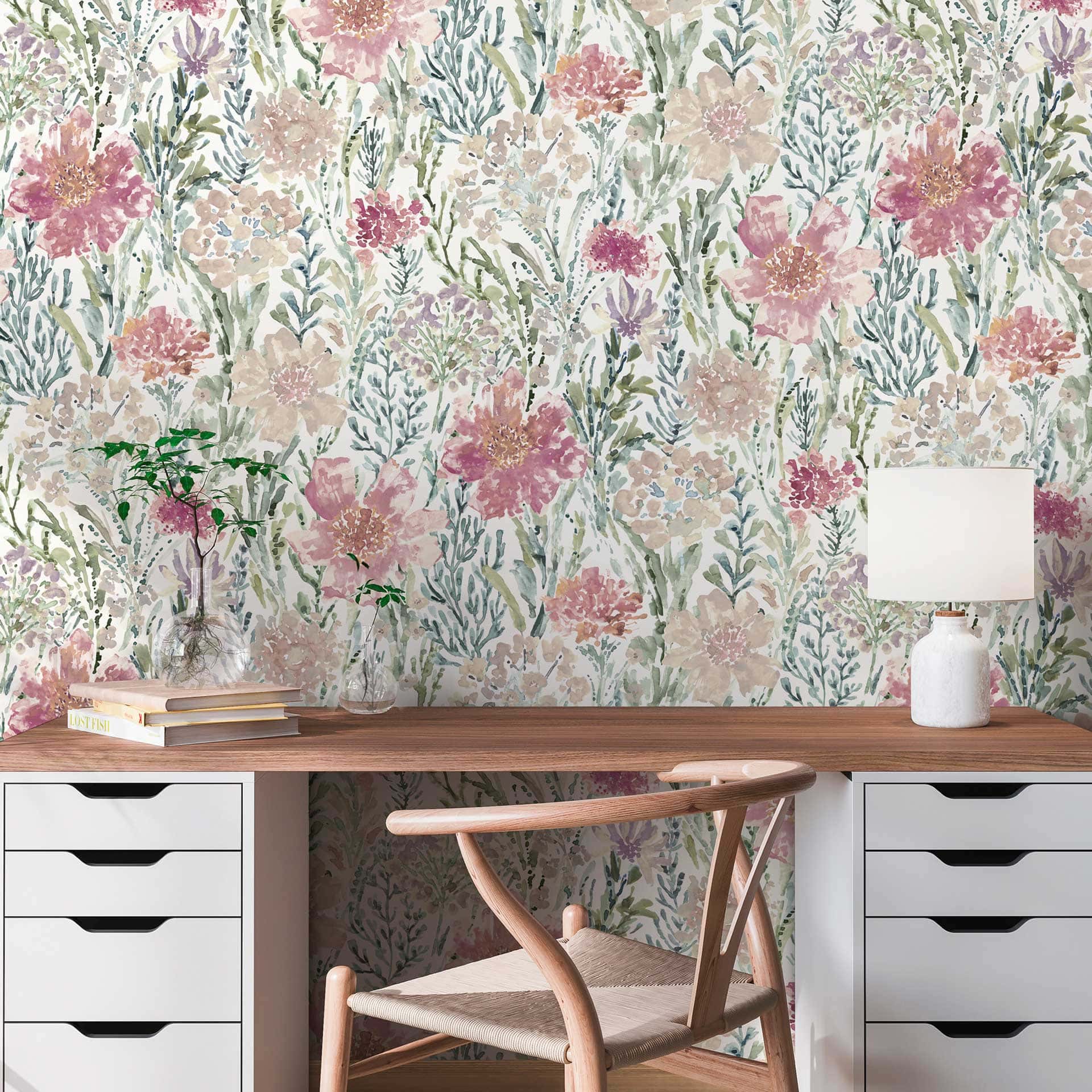 Bloemen behang aquarel pastel roze - bloemen vliesbehang - romantisch