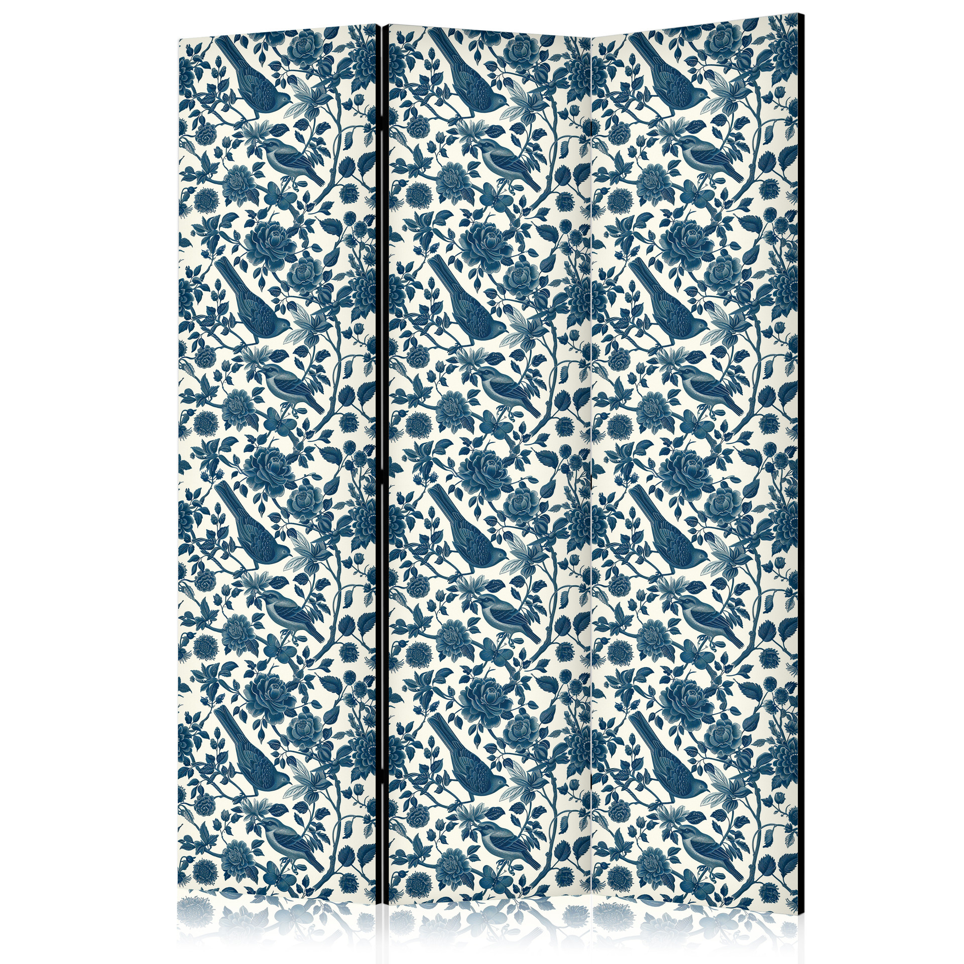 Paravent, Raumteiler freistehend, Trennwand - Rose Vines - Monochromatic Blue Birds Resting Among Ro