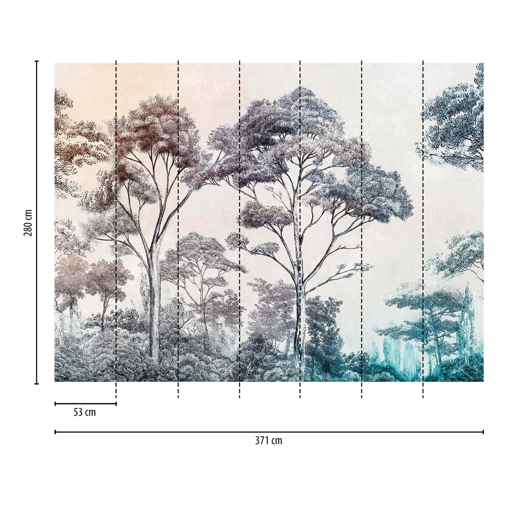 Kleurrijk bos behang - vliesbehang met boom illustratie voor woonkamer & slaapkamer