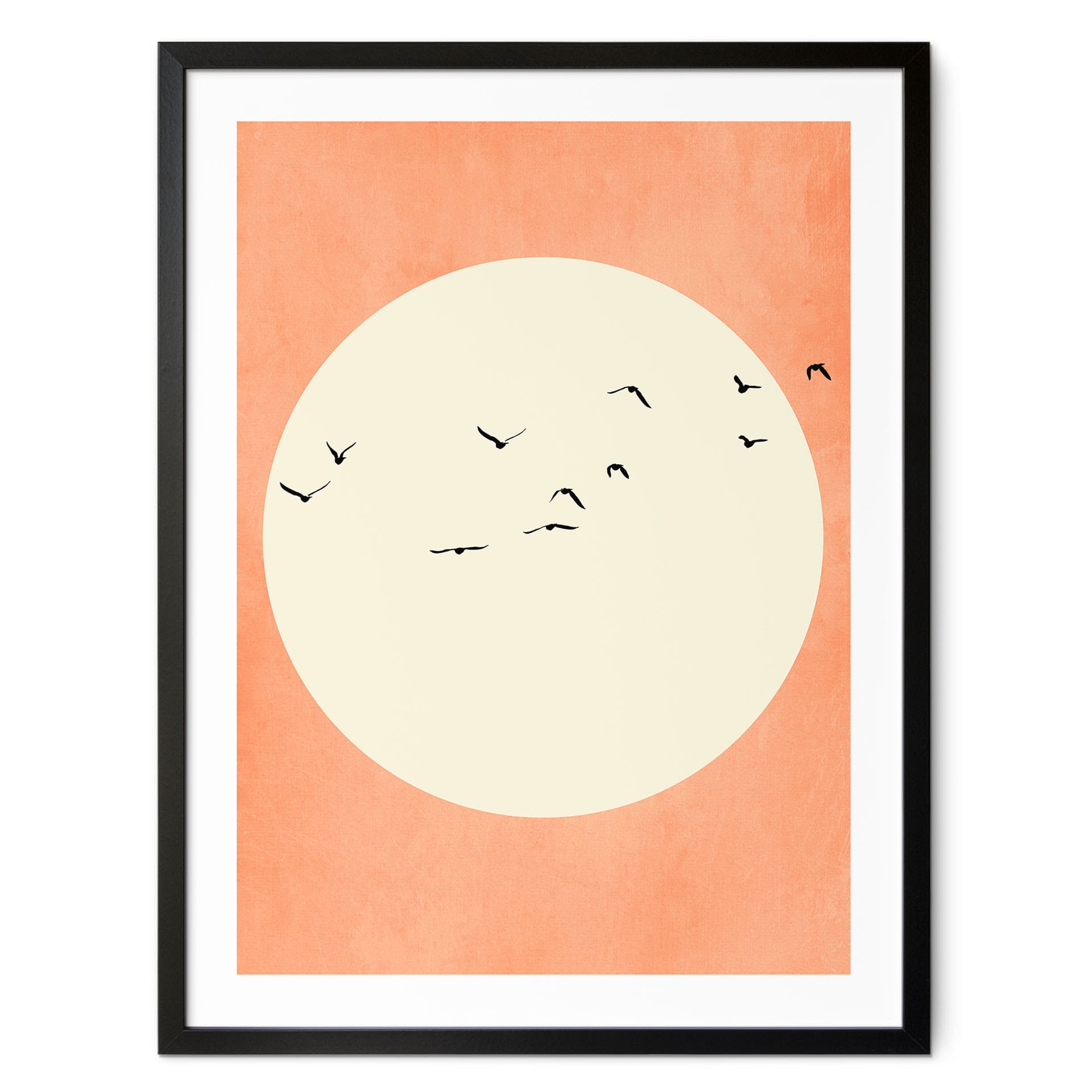 Poster Essaim d'oiseaux devant le soleil chaud - Kubistika