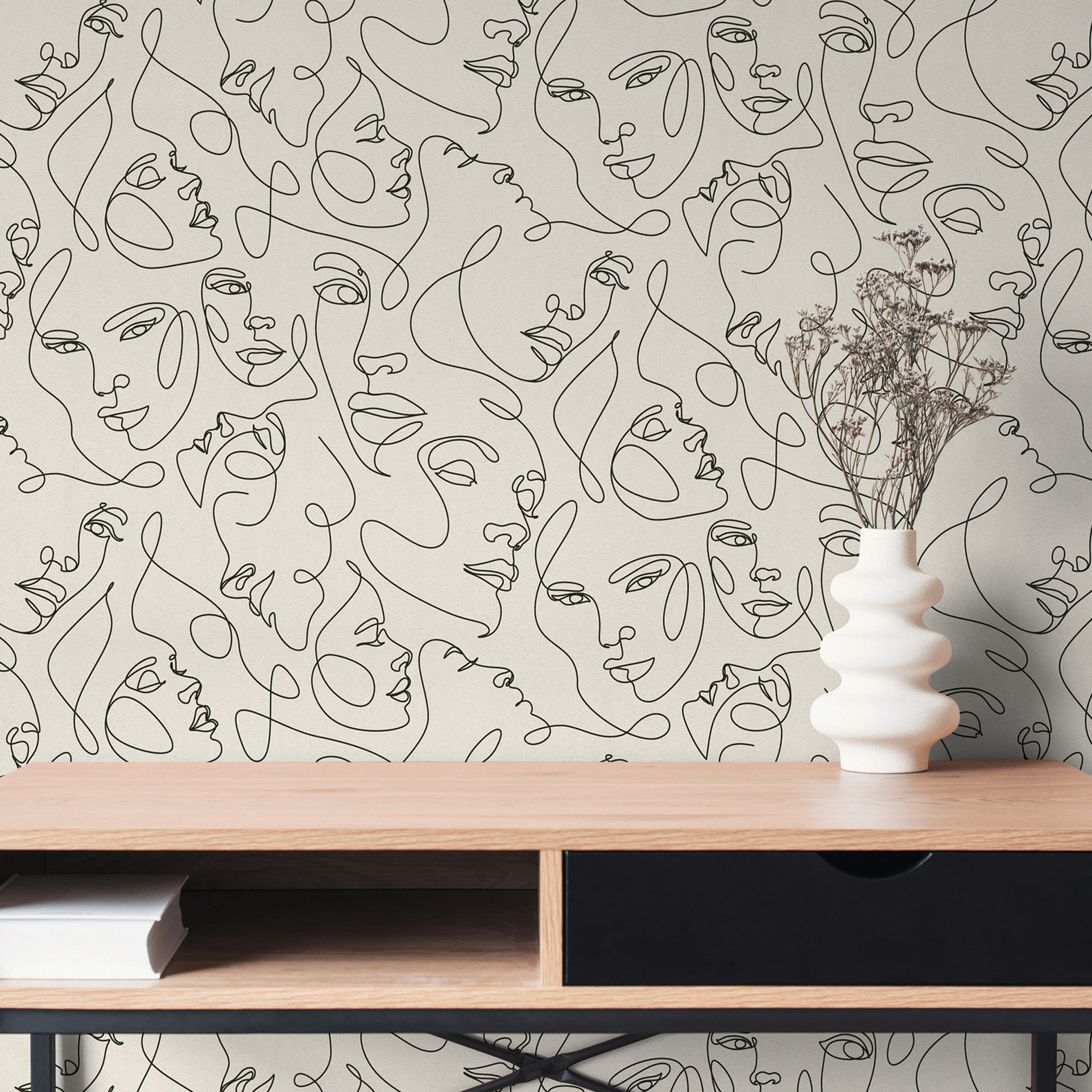 Gezichten behang lijn kunst crème zwart - Vliesbehang moderne abstracte kunst