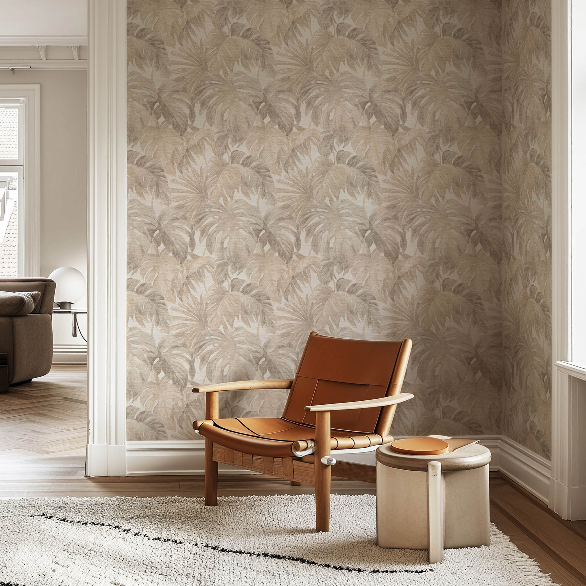 Vliesbehang bladeren beige greige subtiel botanisch modern voor stijlvolle woonruimtes