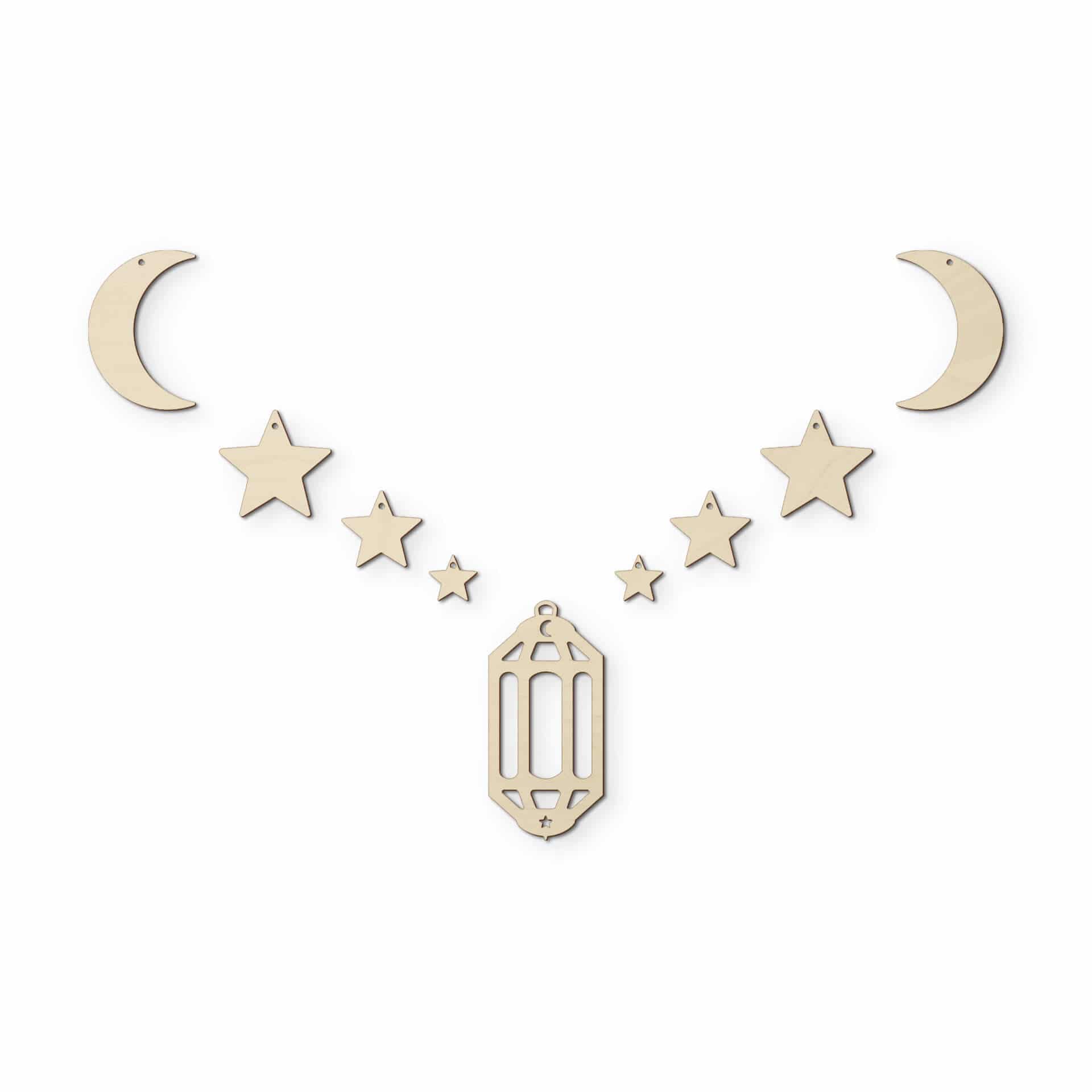 Décoration en bois placage peuplier  - Set pour Ramadan - Lune, étoiles et lanterne