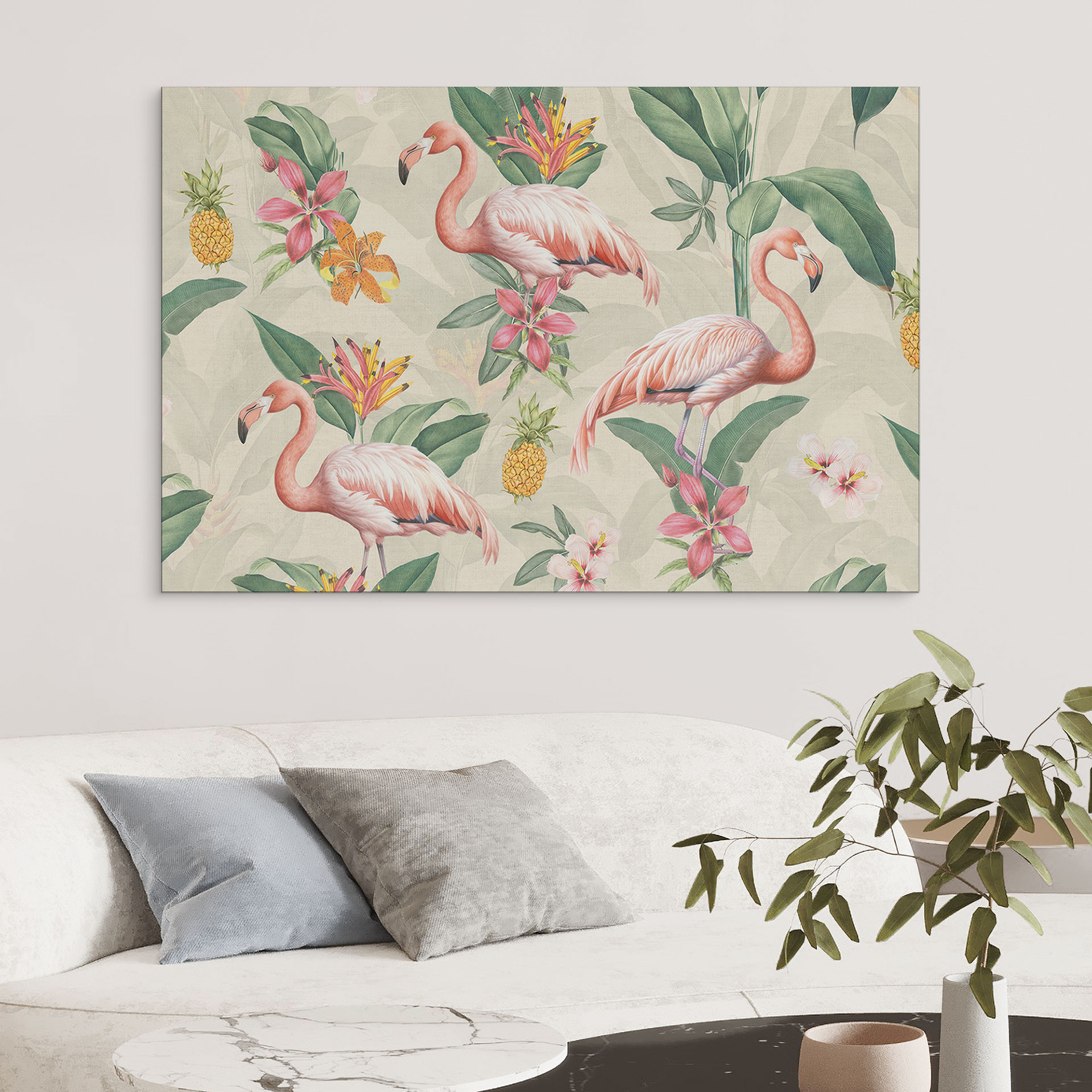 Billede af flamingo og tropiske blade - Bloomery Decor – print på aluminium (Alu-Dibond)