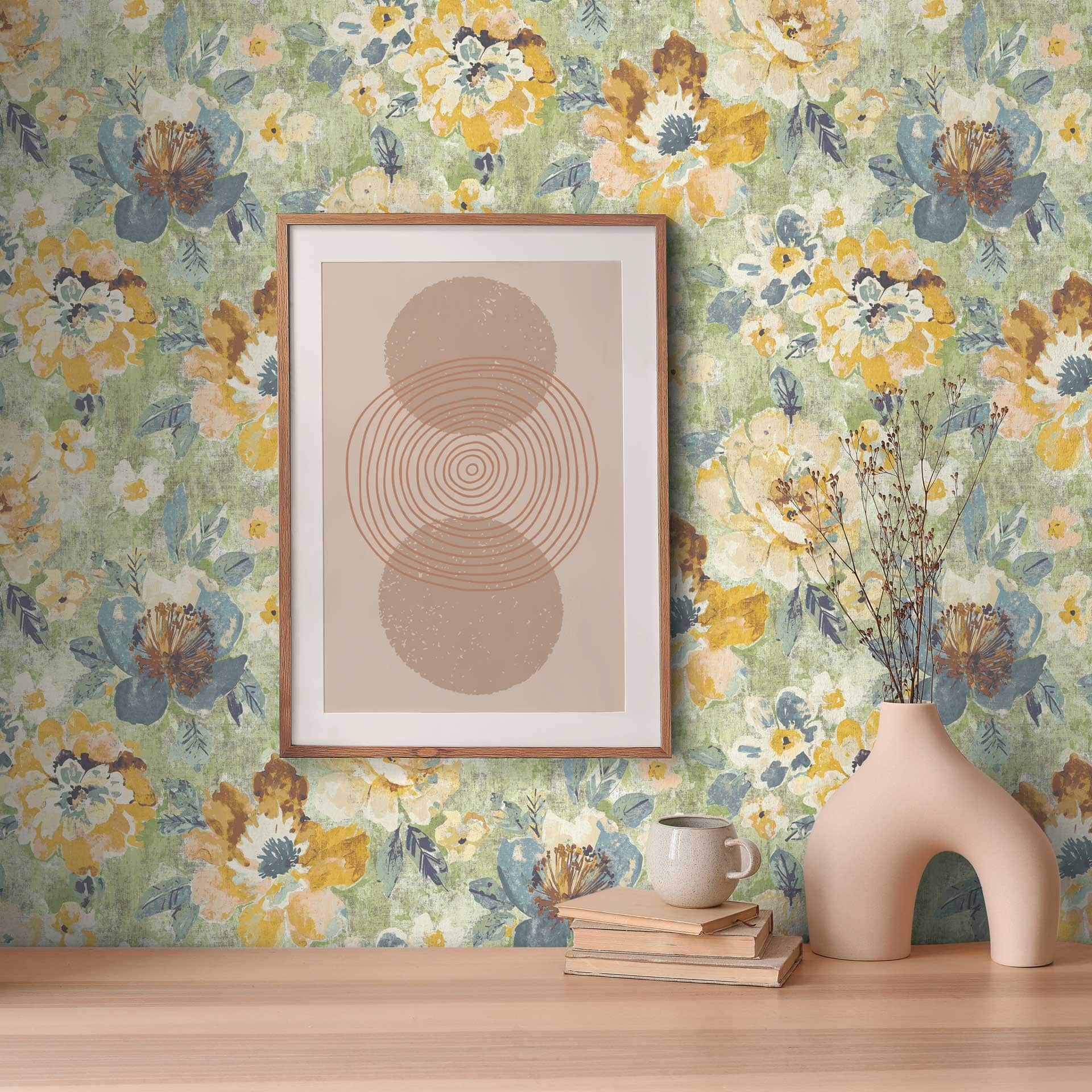 Vintage groen geel gebloemd behang - gebloemd retro behang pastel - vliesbehang