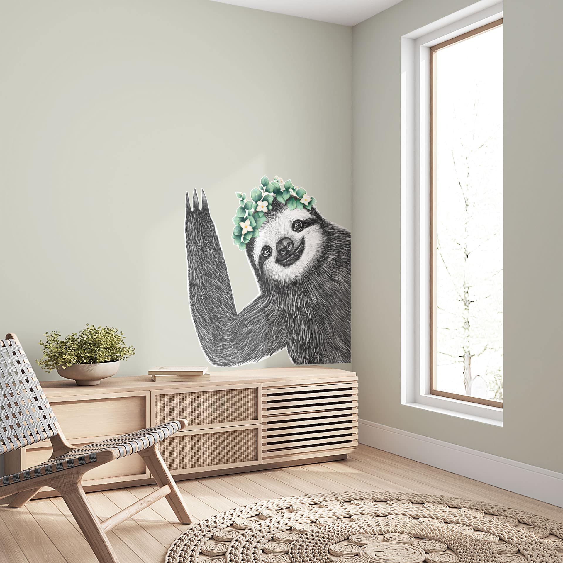 Vinkende dovendyr med blomsterkrans Wallsticker - Korenkova