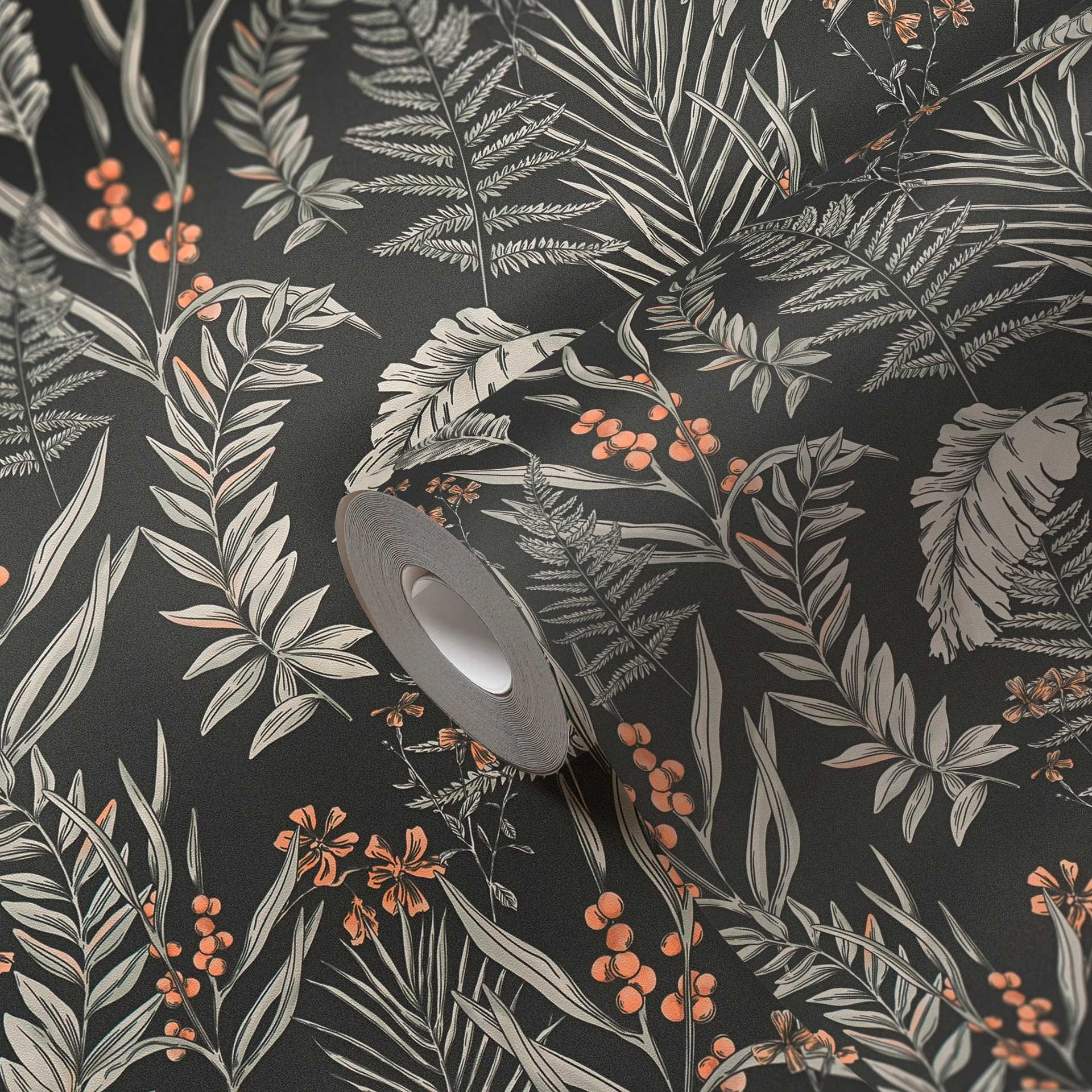 jungle patroon behang met grassen zwart wit - behang met oranje bloesems