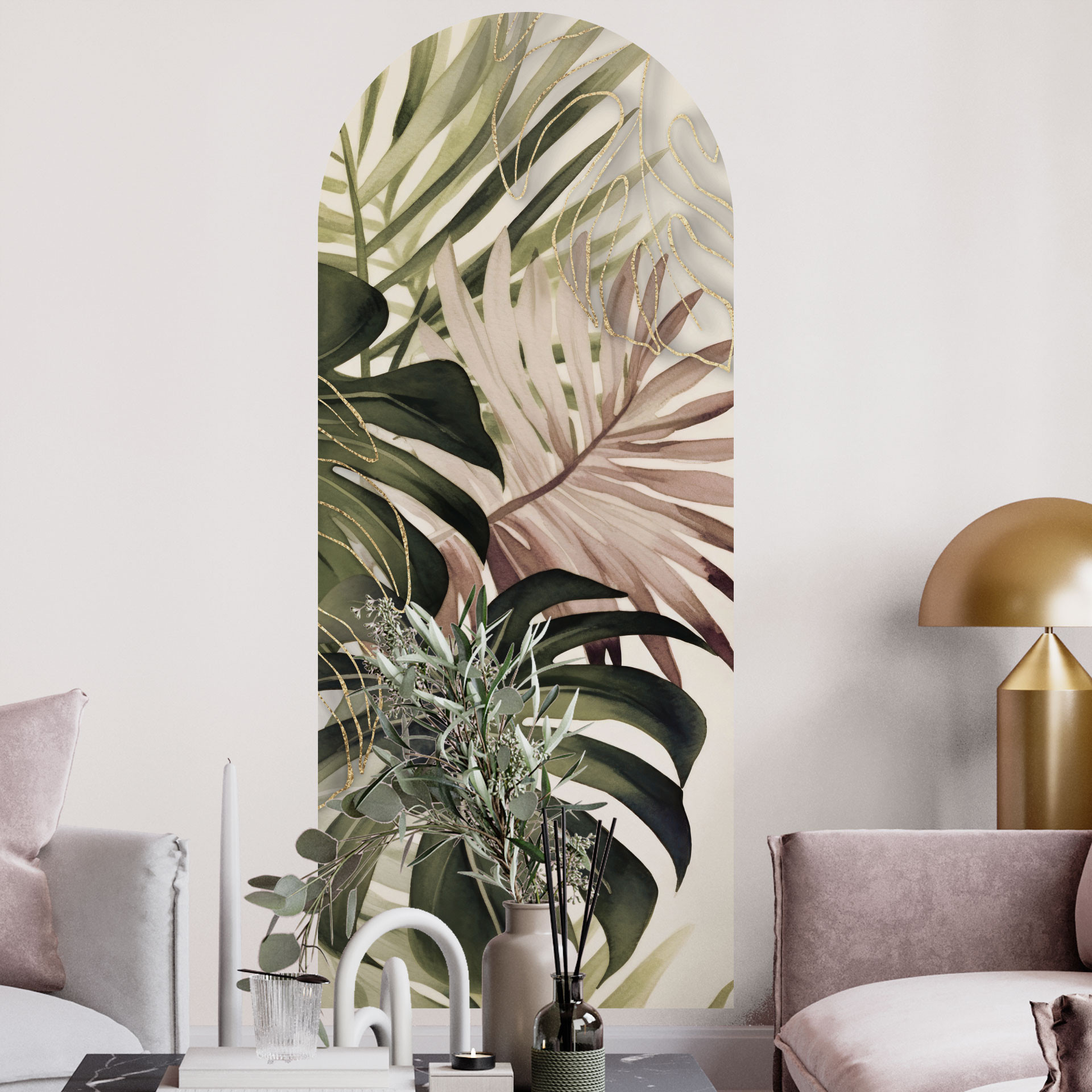 Wallsticker rundbue vægpanel tropiske blade boho - Haase - smal