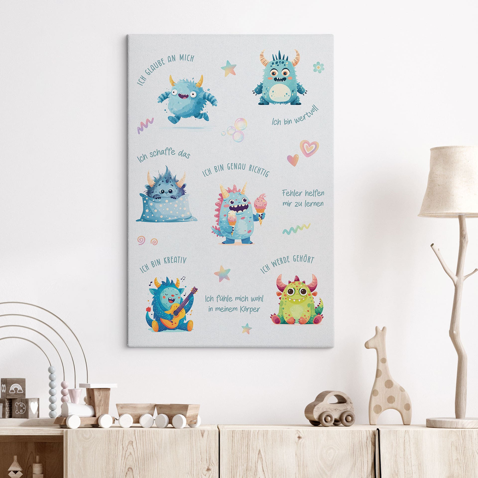 Leinwandbild mit bunten Monstern - Affirmationen fürs Kinderzimmer