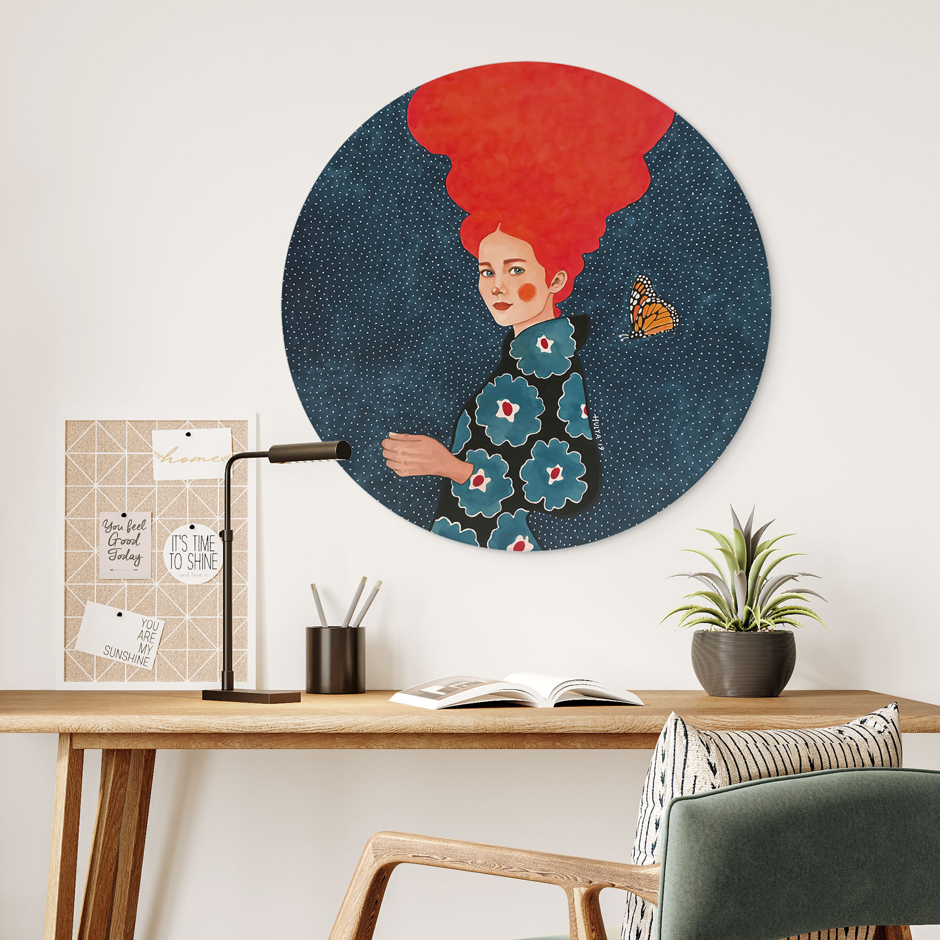 Fototapet Kvinde i blomstret kjole med sommerfugl - Hülya - Rund – print på aluminium