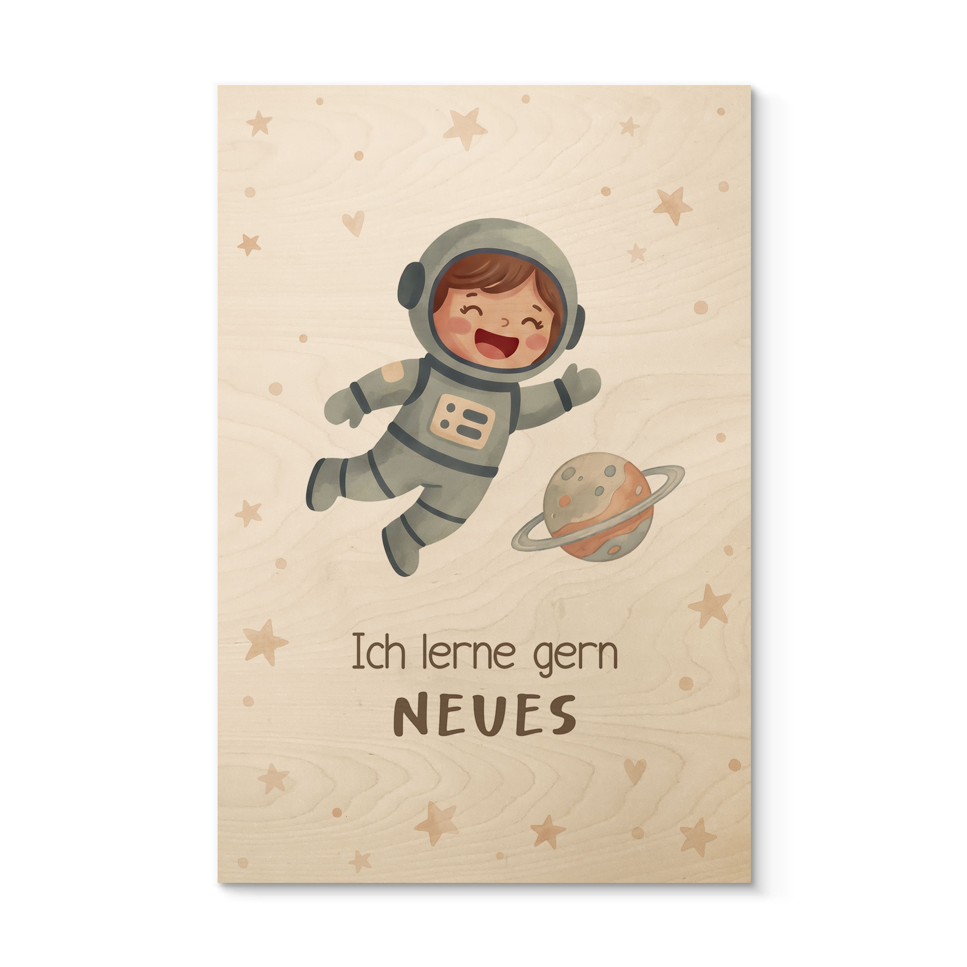 Holzbild mit Astronautin - Glaubenssatz 'Ich lerne gern Neues' fürs Kinderzimmer