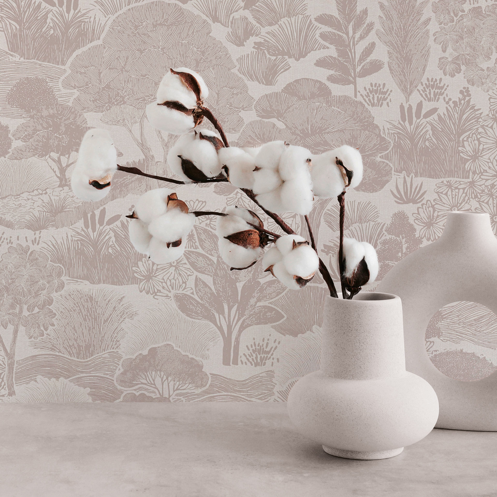 Landschap behang crème taupe - Vliesbehang met natuurmotief illustratie