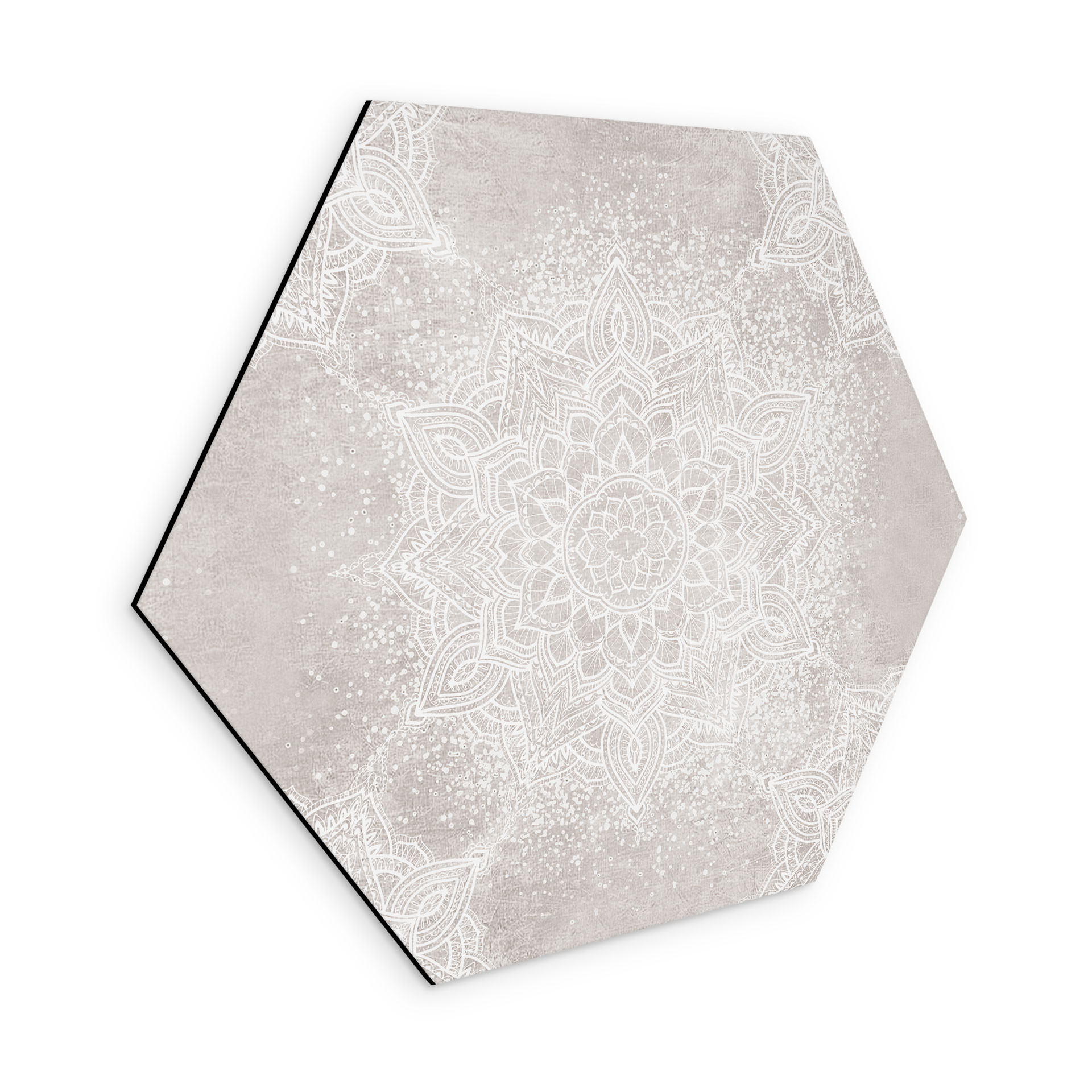 Sekskantet billede Blød mandala på grå-beige - Bloomery Decor - Alu-Dibond