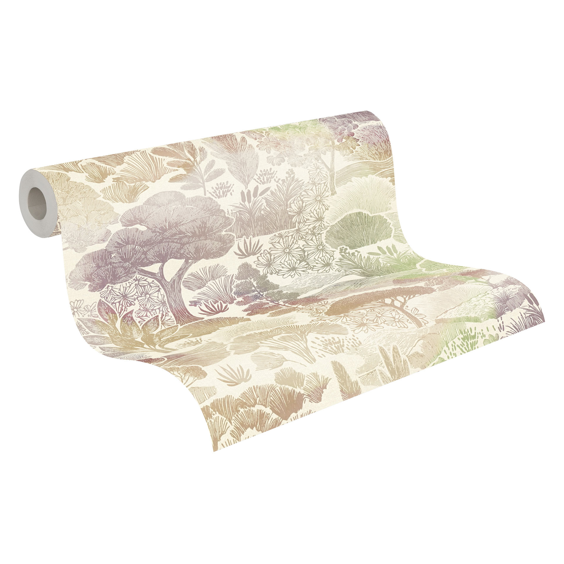 Landschap behang pastel beige groen - Vliesbehang botanische illustraties