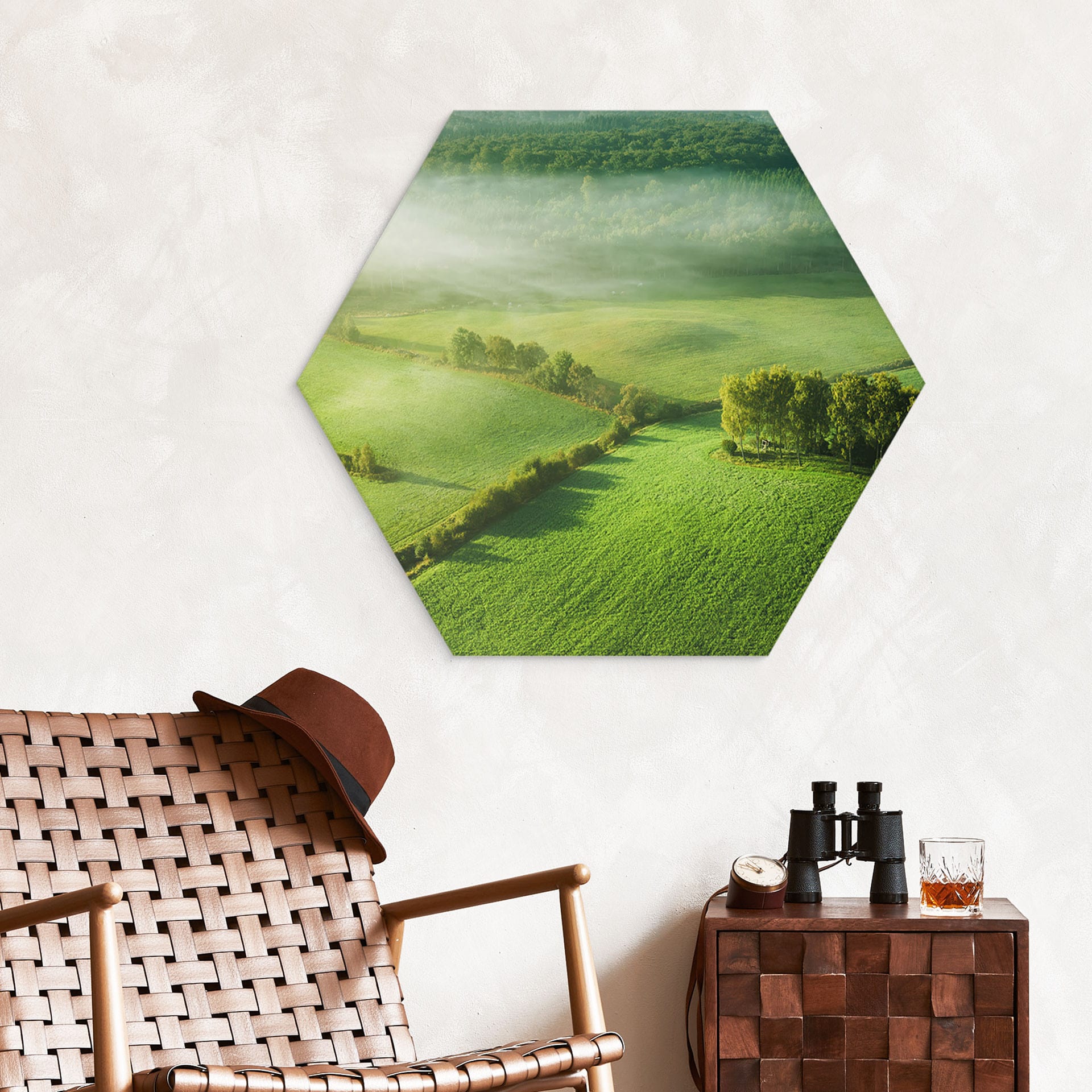 Hexagon Wandbild Idyllische Felder im Nebel - Keller - Alu-Dibond