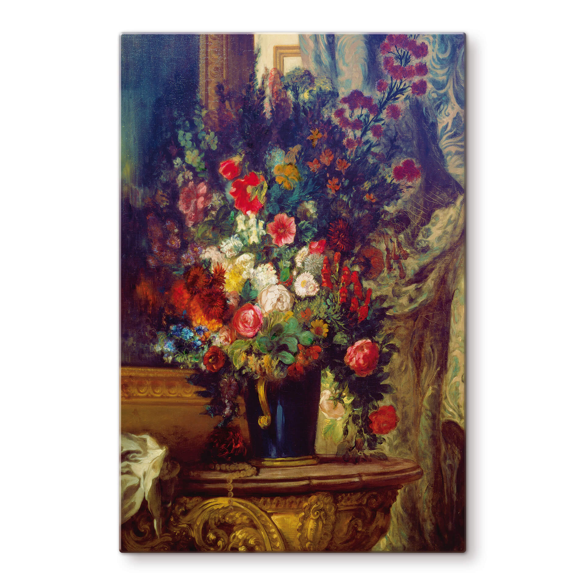 Glasbillede - Delacroix - Vase med Blomster på et Konsolbord