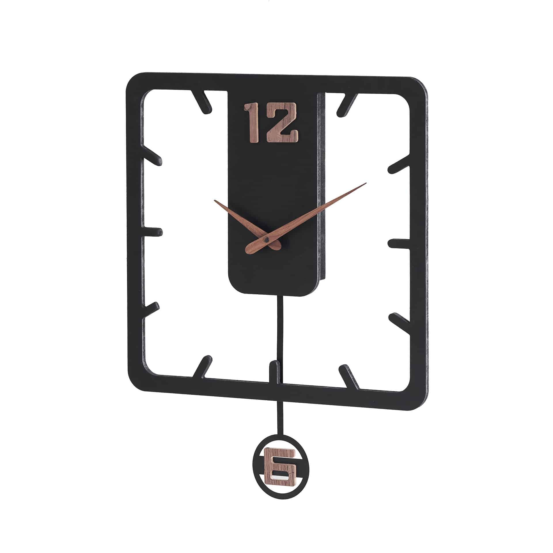 Holz-Wanduhr mit Pendel | MDF | mattschwarz, quadratisch, 52 x 40 cm