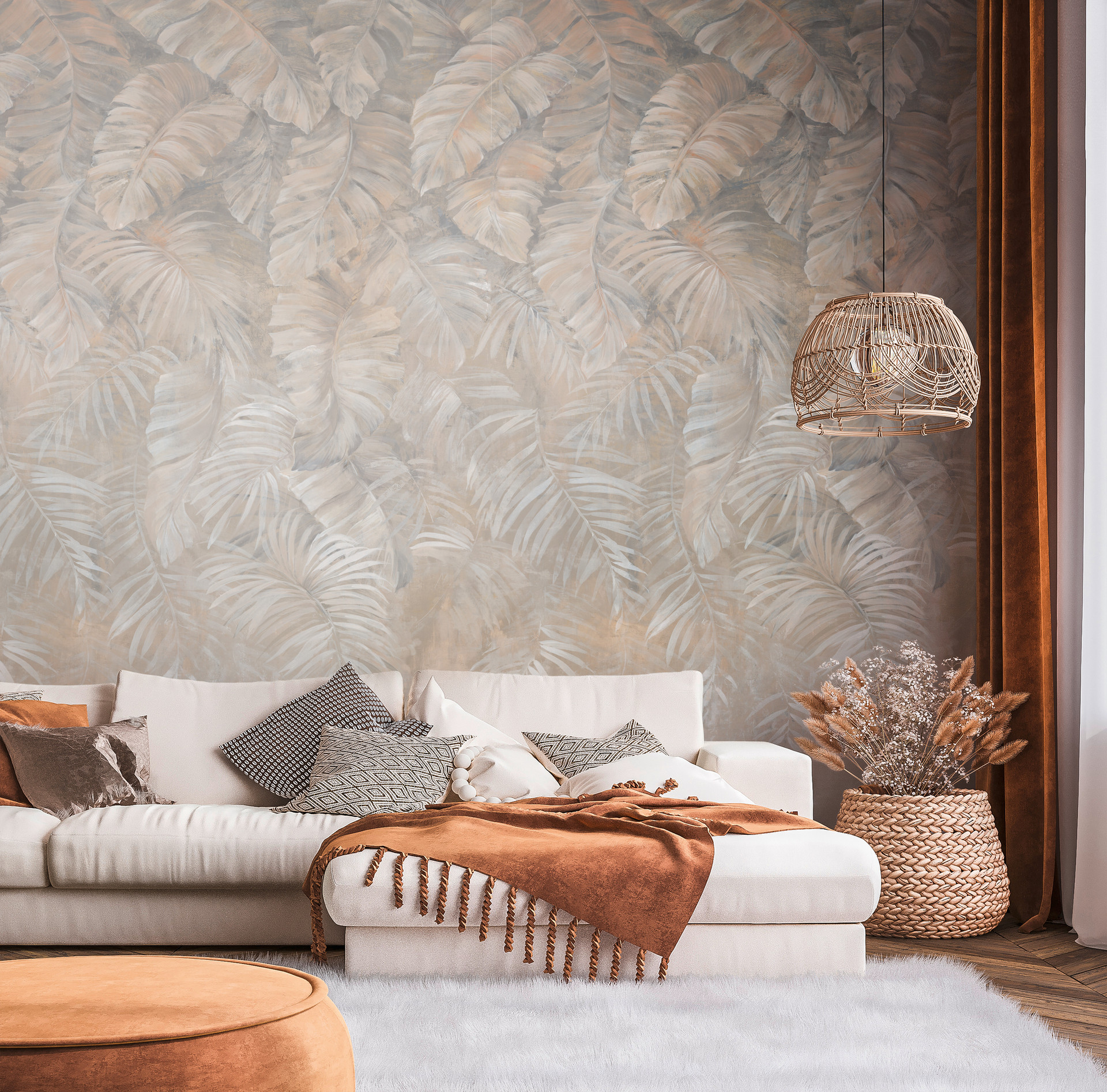palm behang bruin beige - vliesbehang botanisch Livingwalls - mat en glad