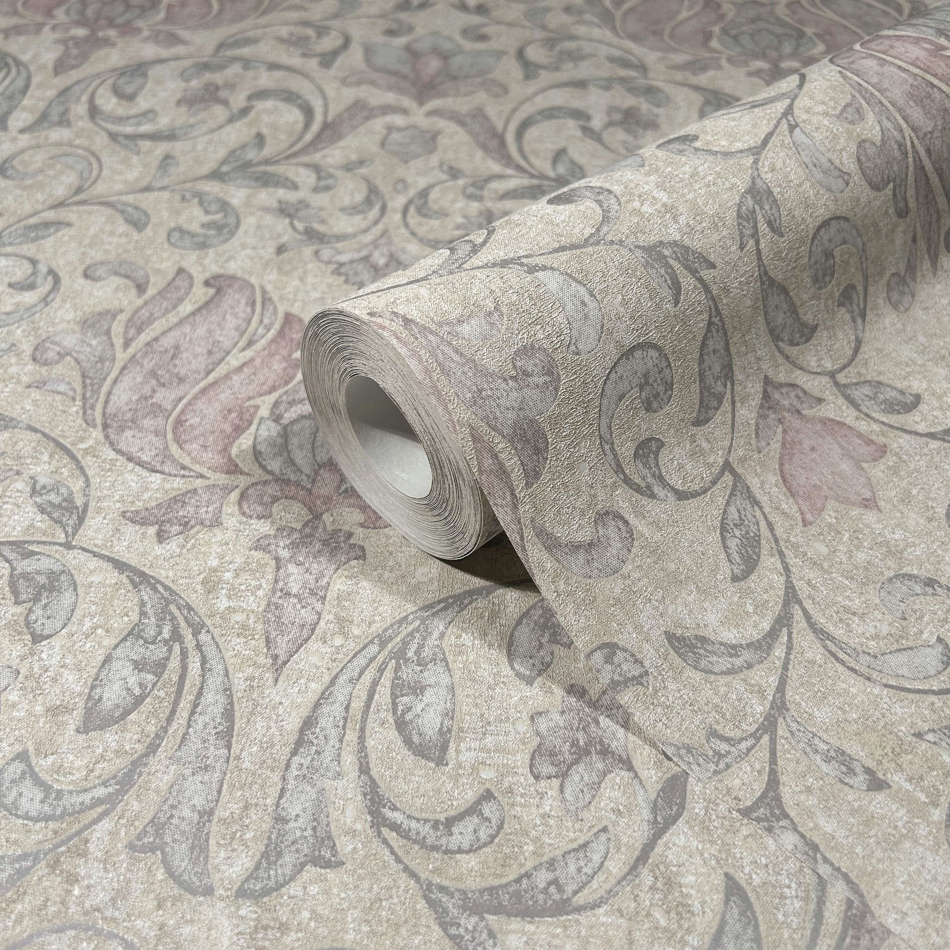 vliesbehang met bloemen, bladeren ornamenten glanzend beige, grijs bloemmotieven