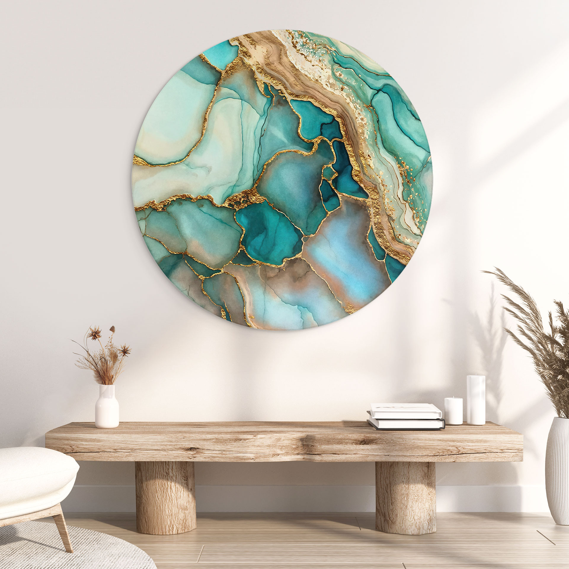 Wandbild Marmorierte Wellen in Türkis und Gold - Haase - Alu-Dibond Rund