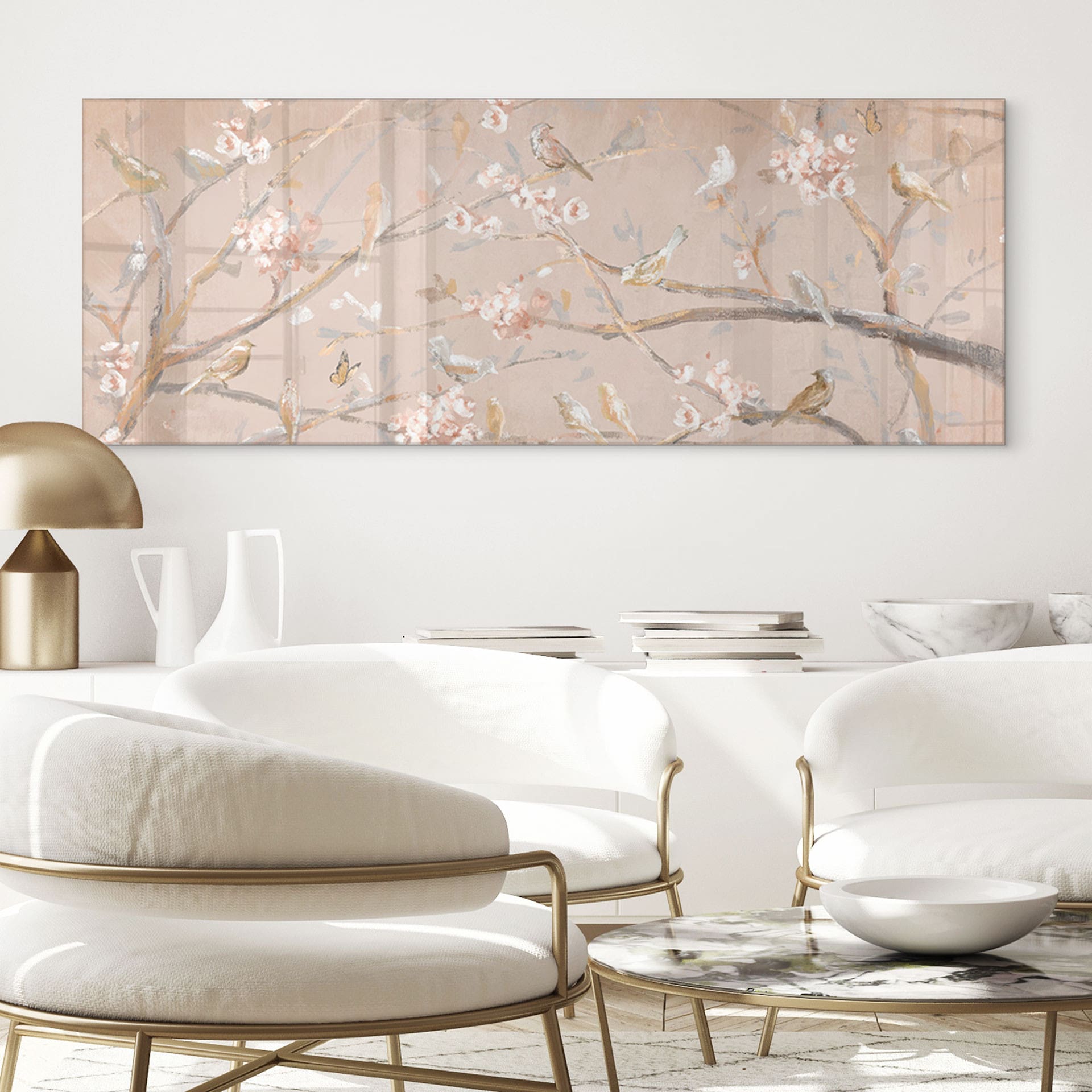 Acrylglasbild Vögel auf Kirschblüten - Cheney - Panorama