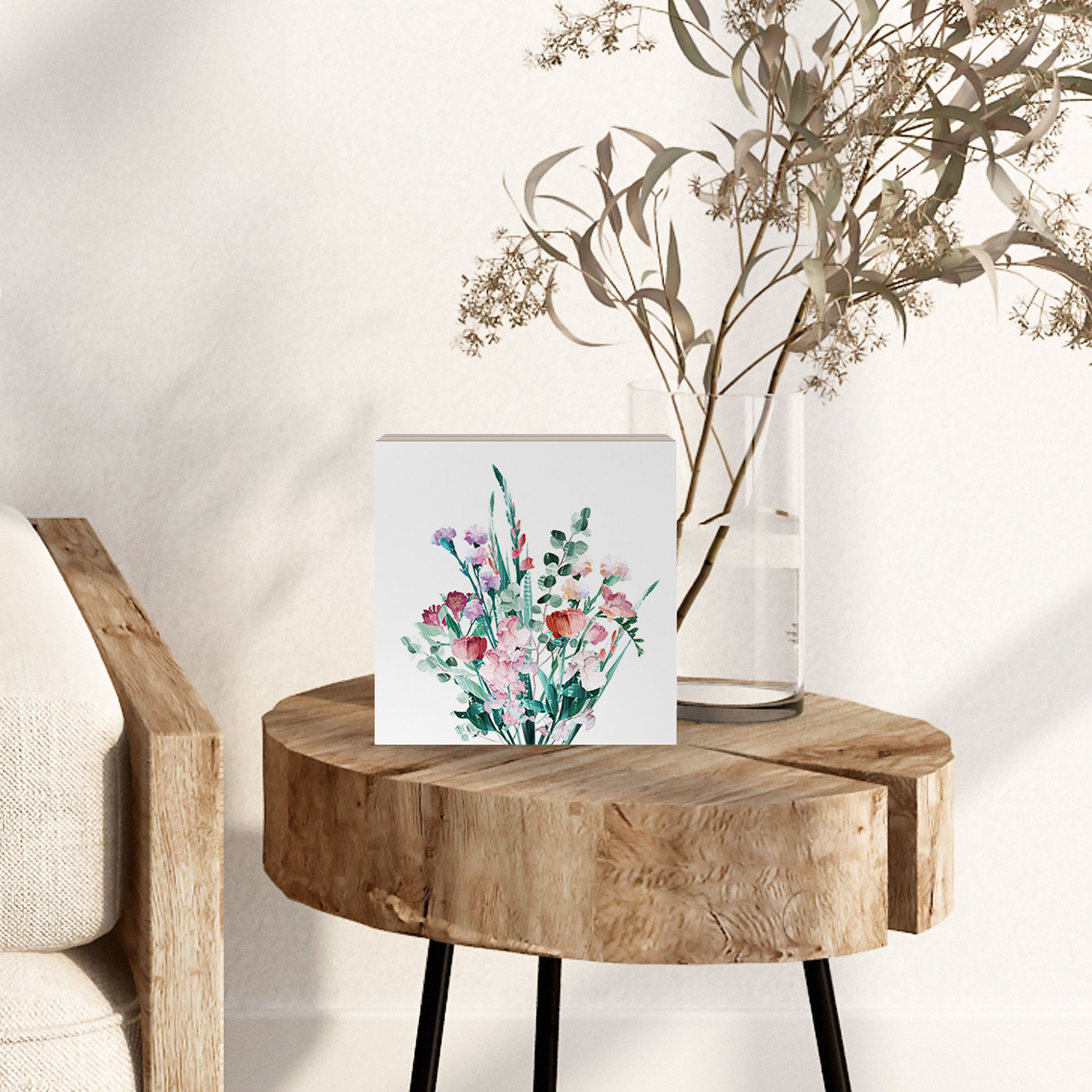 Billede af træ til at hænge op - Buket af vilde blomster om foråret - Goed Blauw - 15x15 cm