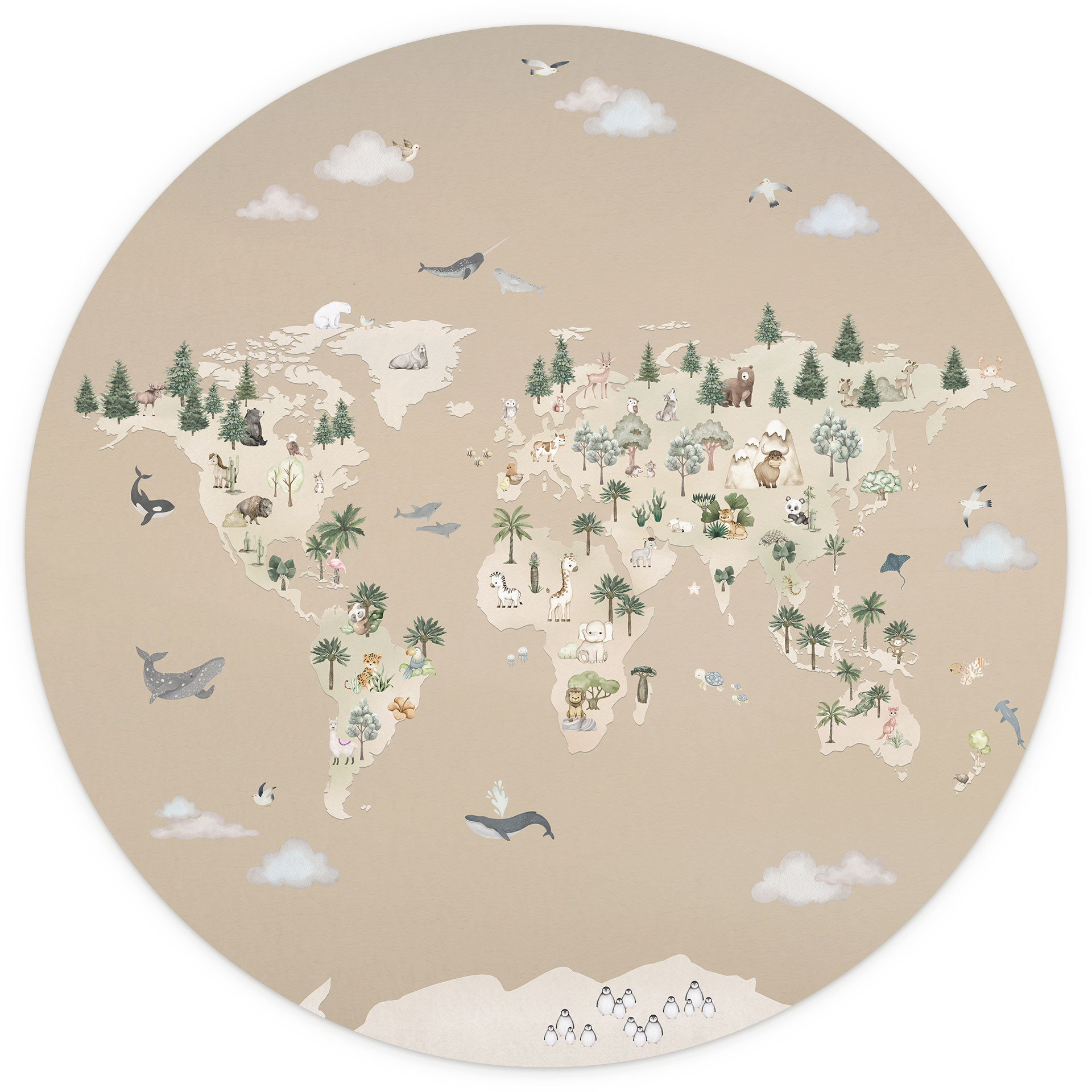 Kinderkamer Behangcirkel Wereldkaart - Wereld van de Dieren - Oliver Robins