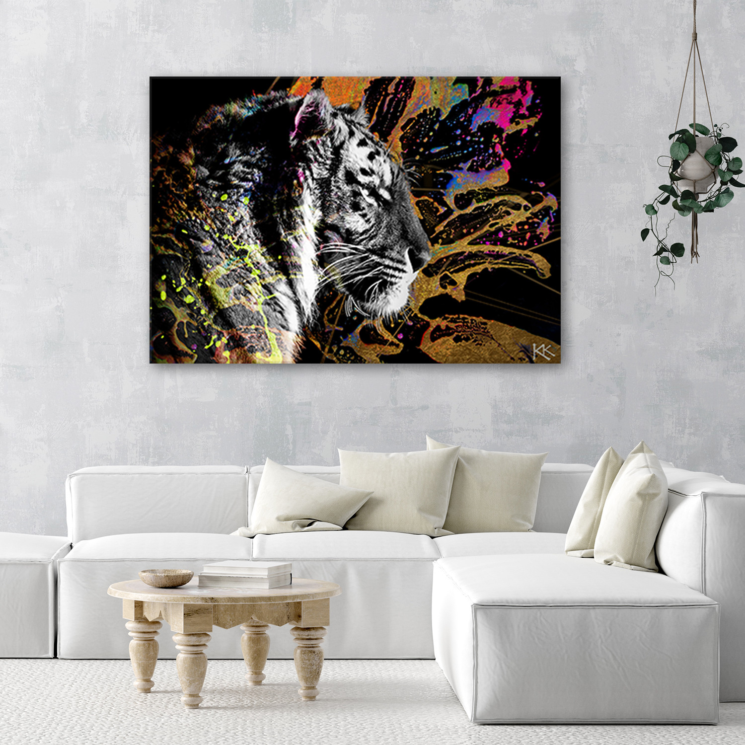Canvasbillede, Tiger på farverig baggrund
