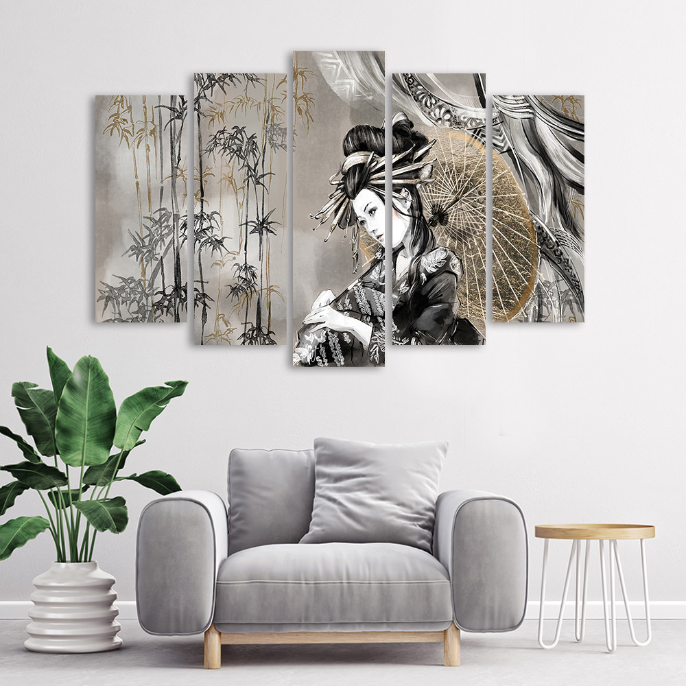 Lærred print 5 dele, geisha og bambus