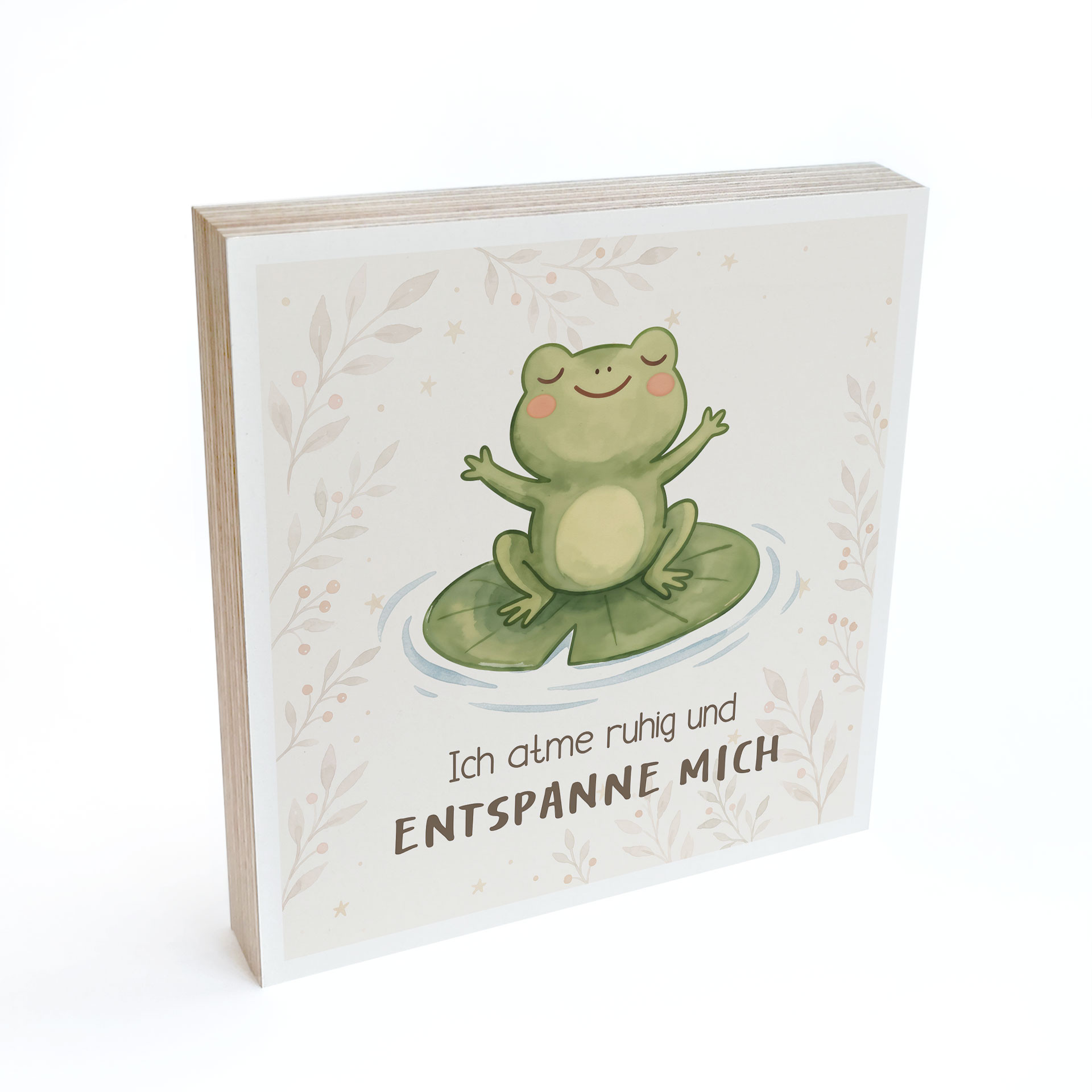 Holzbild zum Hinstellen - Frosch mit Mutmachspruch 'Ich atme ruhig'