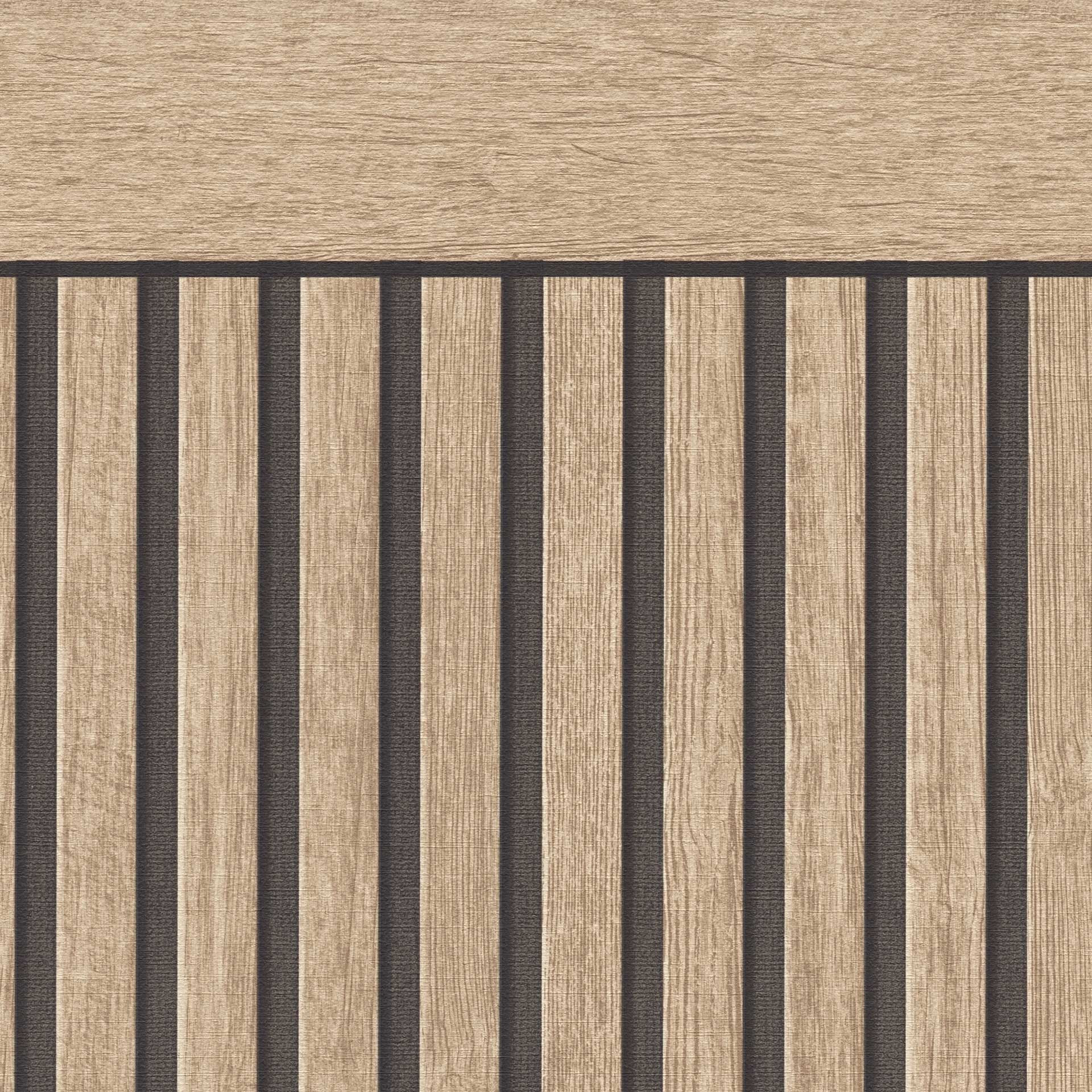 Houtpaneel behang akoestische look bruin zwart - Vliesbehang met 3D textuur