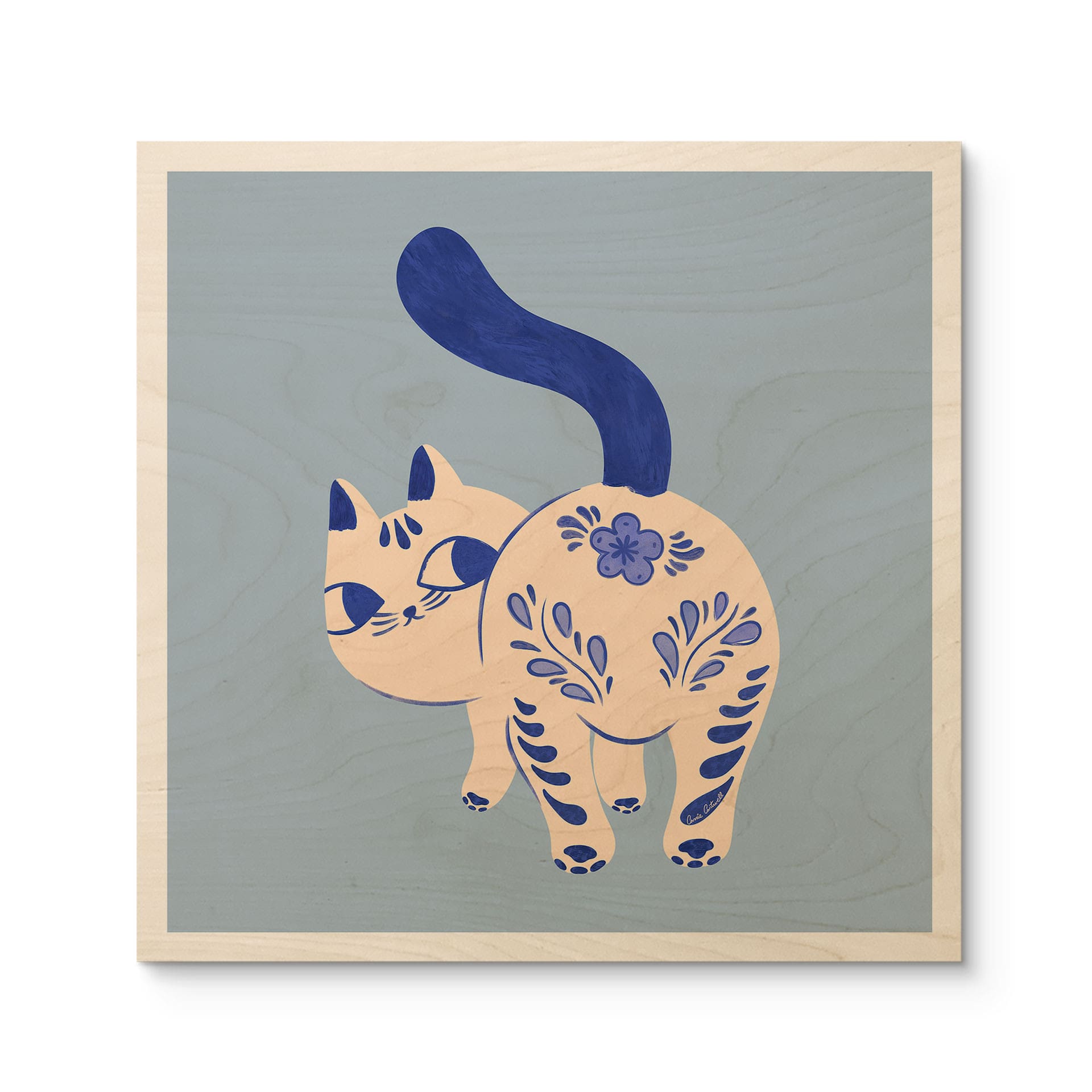 Houten Wanddecoratie Porseleinen Kat Delfts Blauw - Cantwell - Vierkant