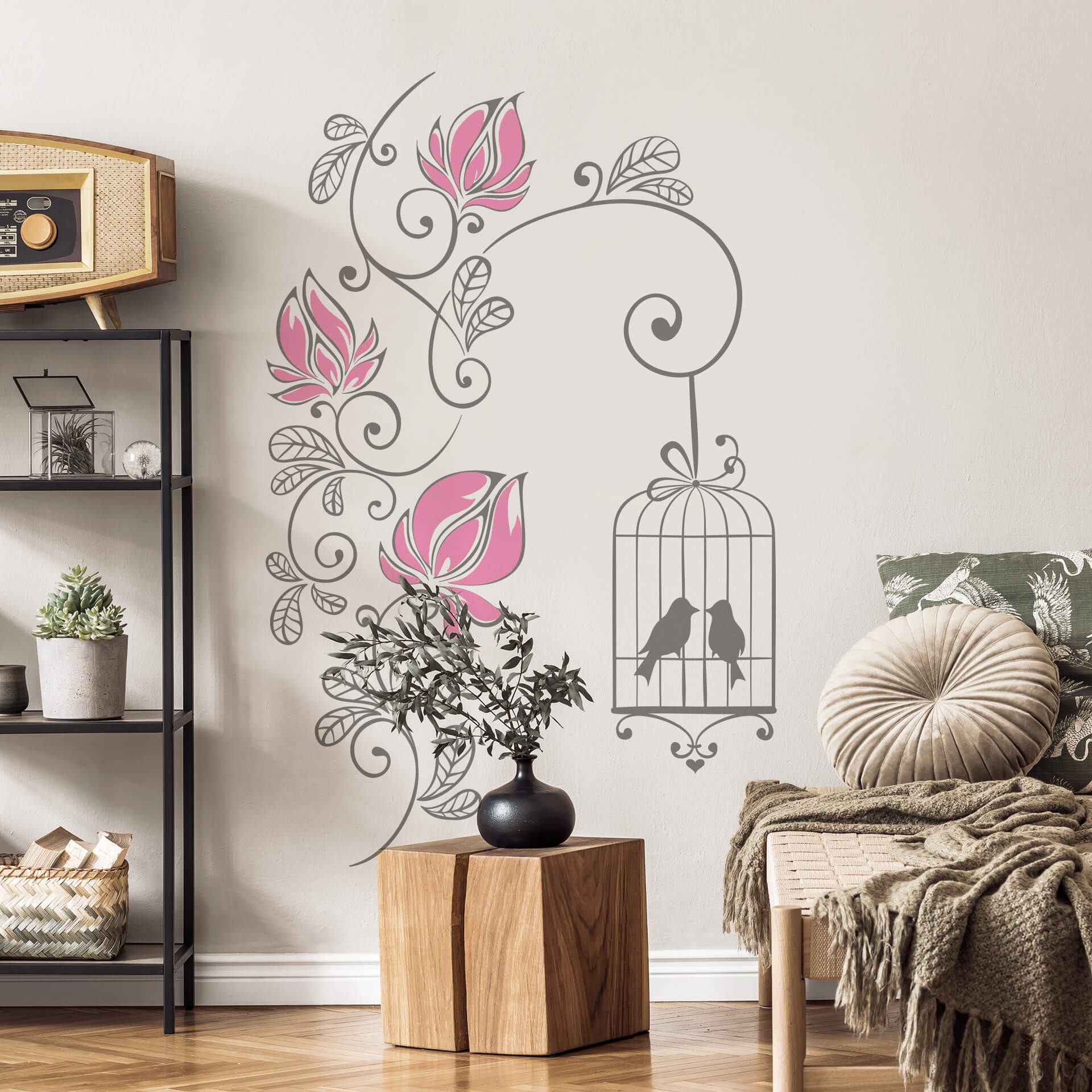 Wandtattoo Blumenranke mit Vogelkäfig (2-farbig)