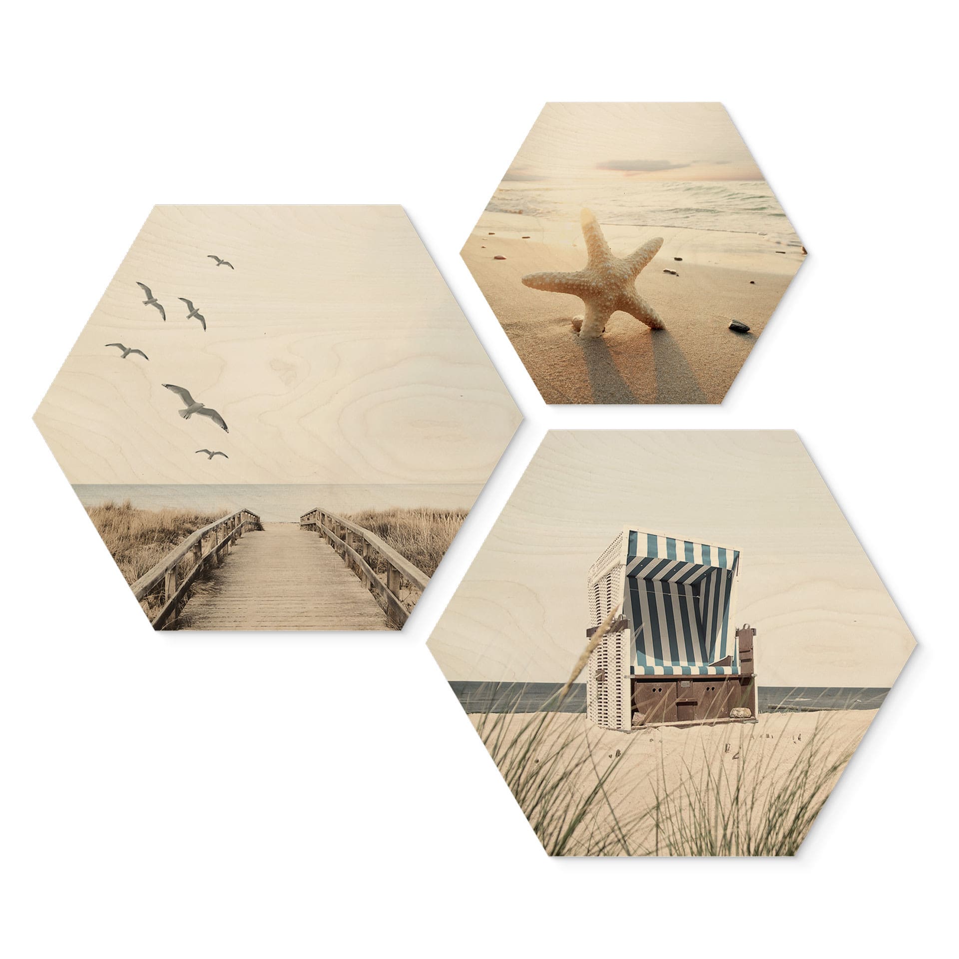 Hexagon Holzbild Strand und Meer Set (3-teilig)