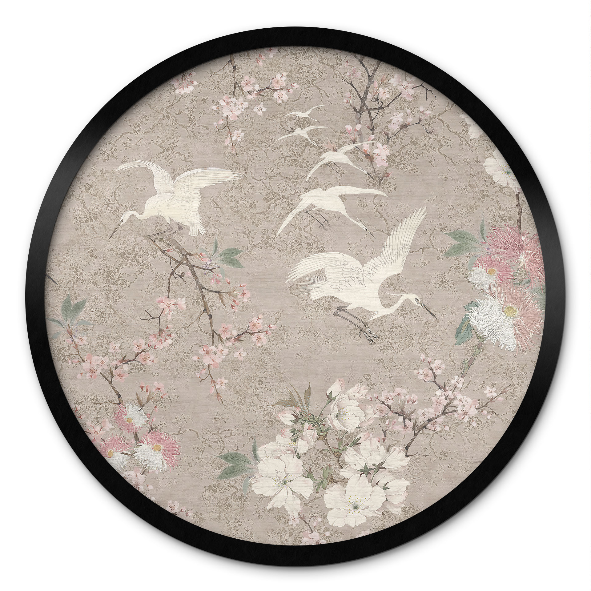 Poster Grues dans la ruée vers les cerisiers en fleurs Beige - Bloomery Decor - Rond