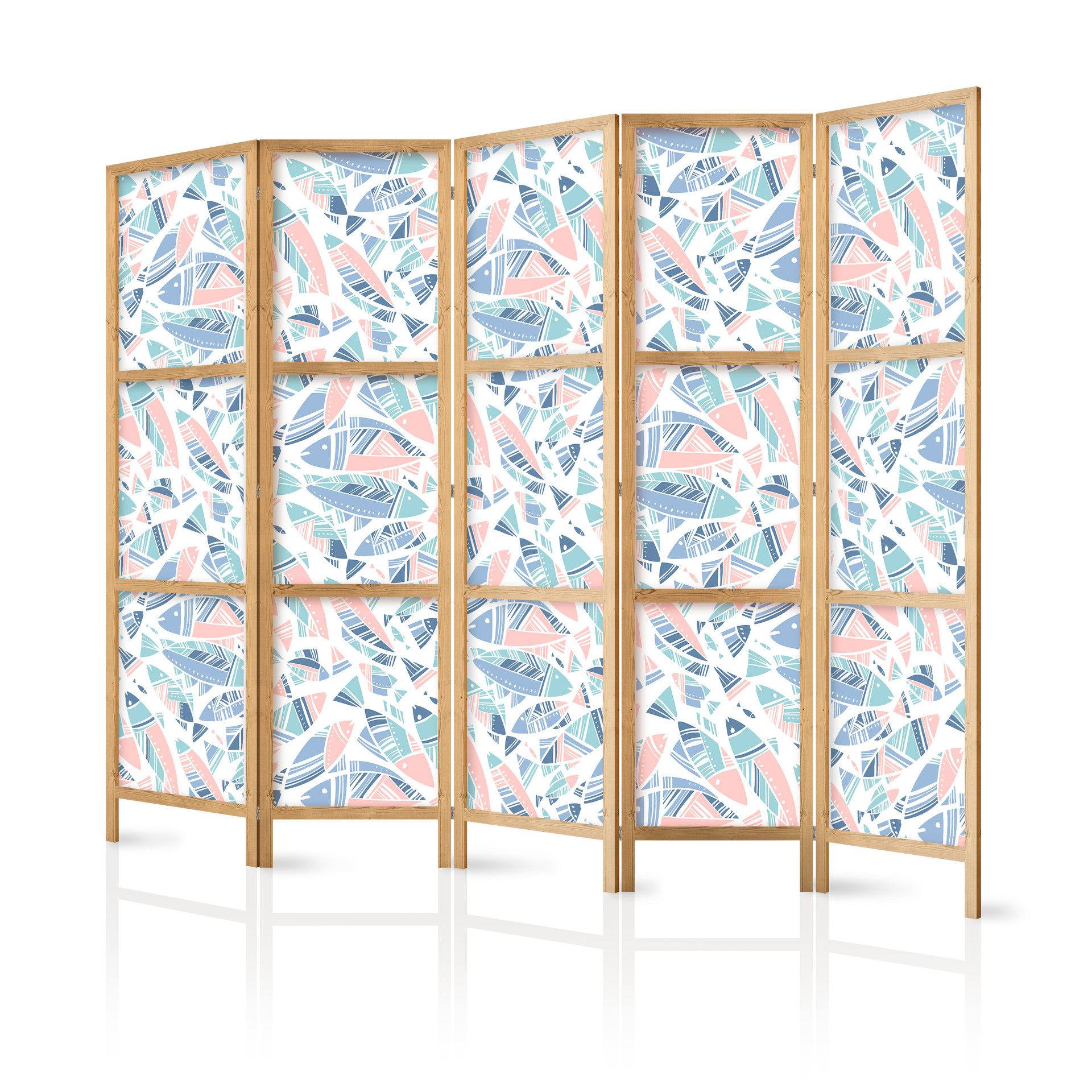 Japanischer Paravent, Raumteiler freistehend, Trennwand - Fish in Aztec Style in Pastel Color Shade