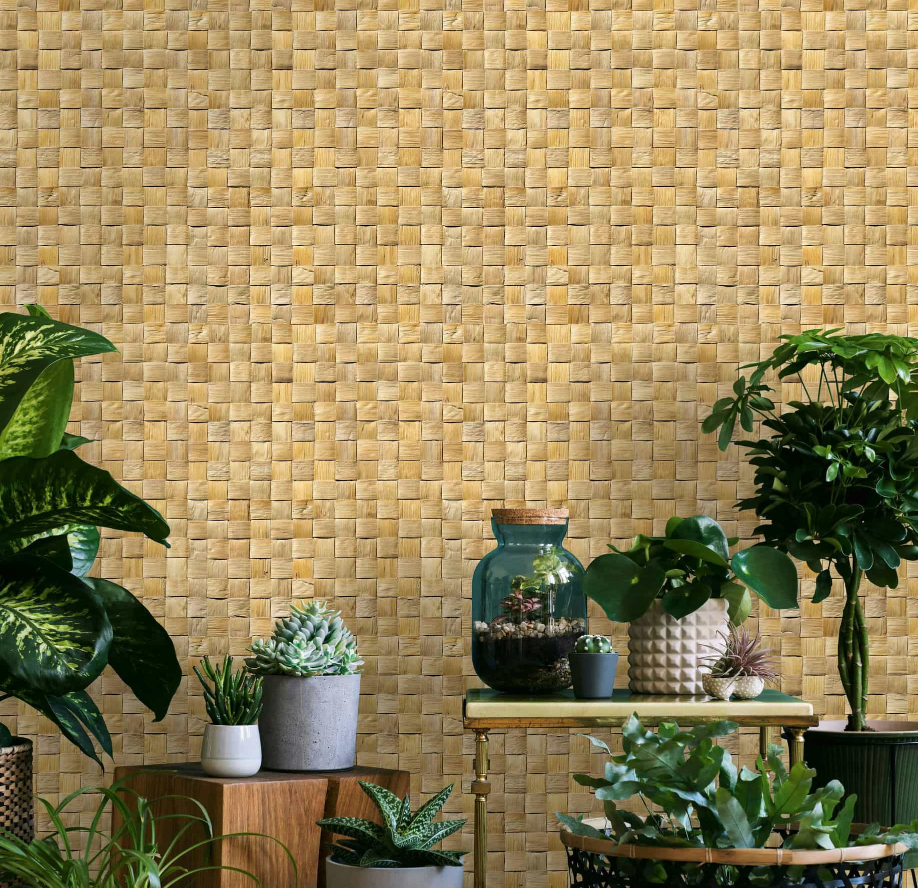 vliesbehang in 3D geweven houtlook beige 3D look