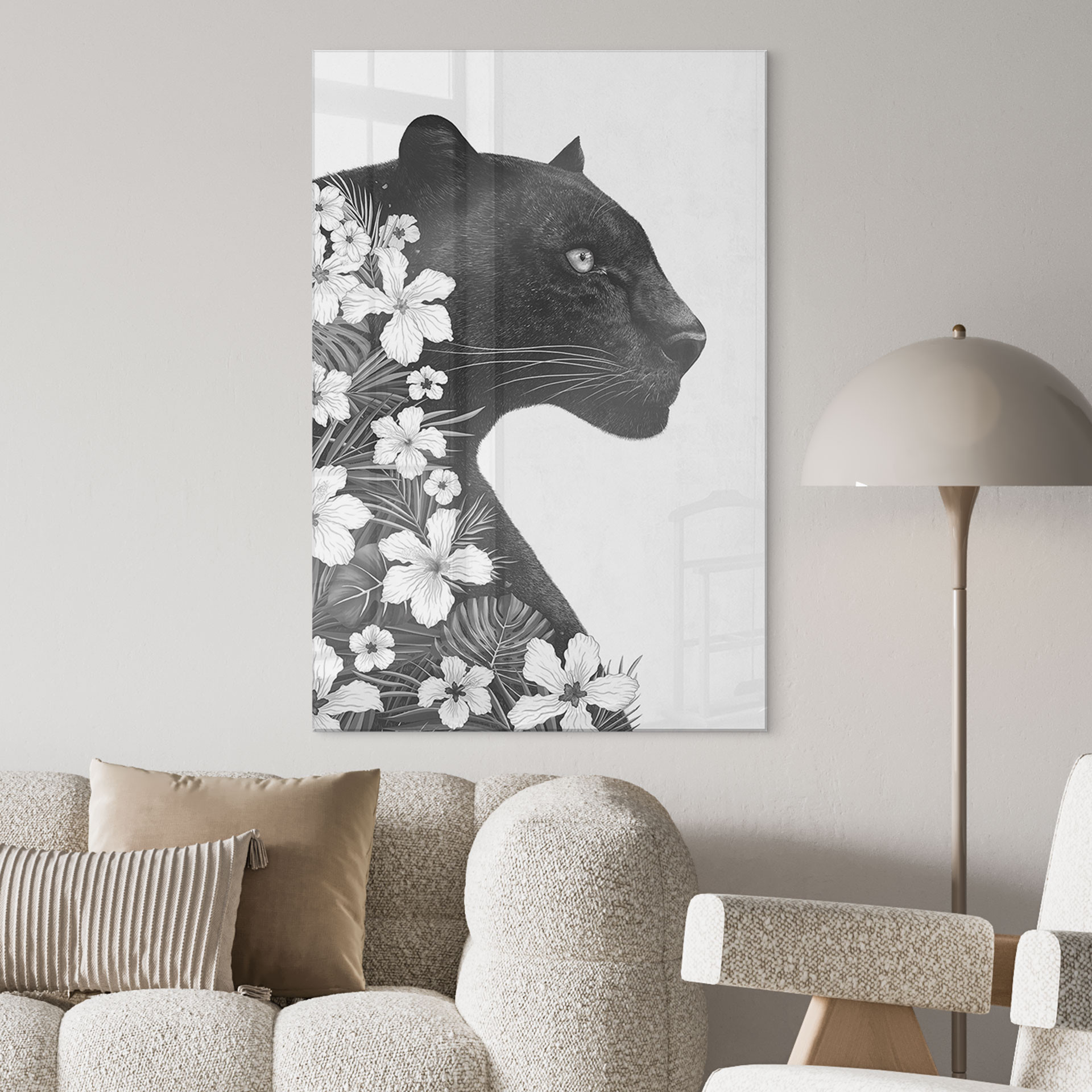 Acrylglasbild Schwarzer Panther mit weißen Blumen - Korenkova