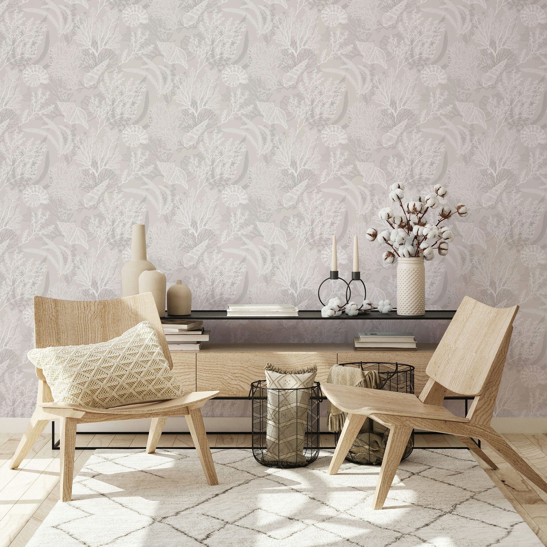 Vliesbehang in wit, beige schelpen onderwater grafische natuur