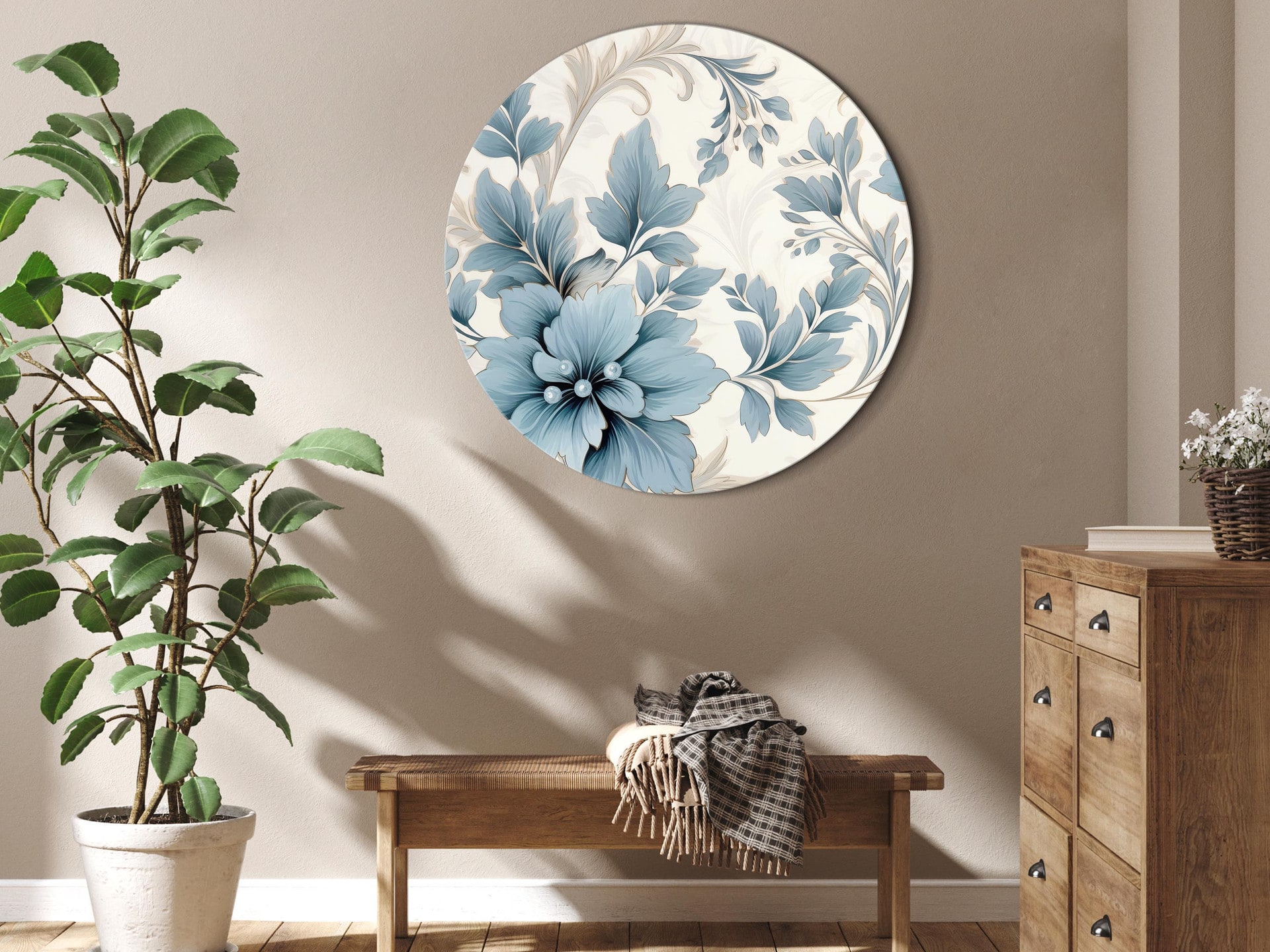 Rundes Leinwandbild Türkise Blumen in Retro-Ambiente | Florale Ornamente