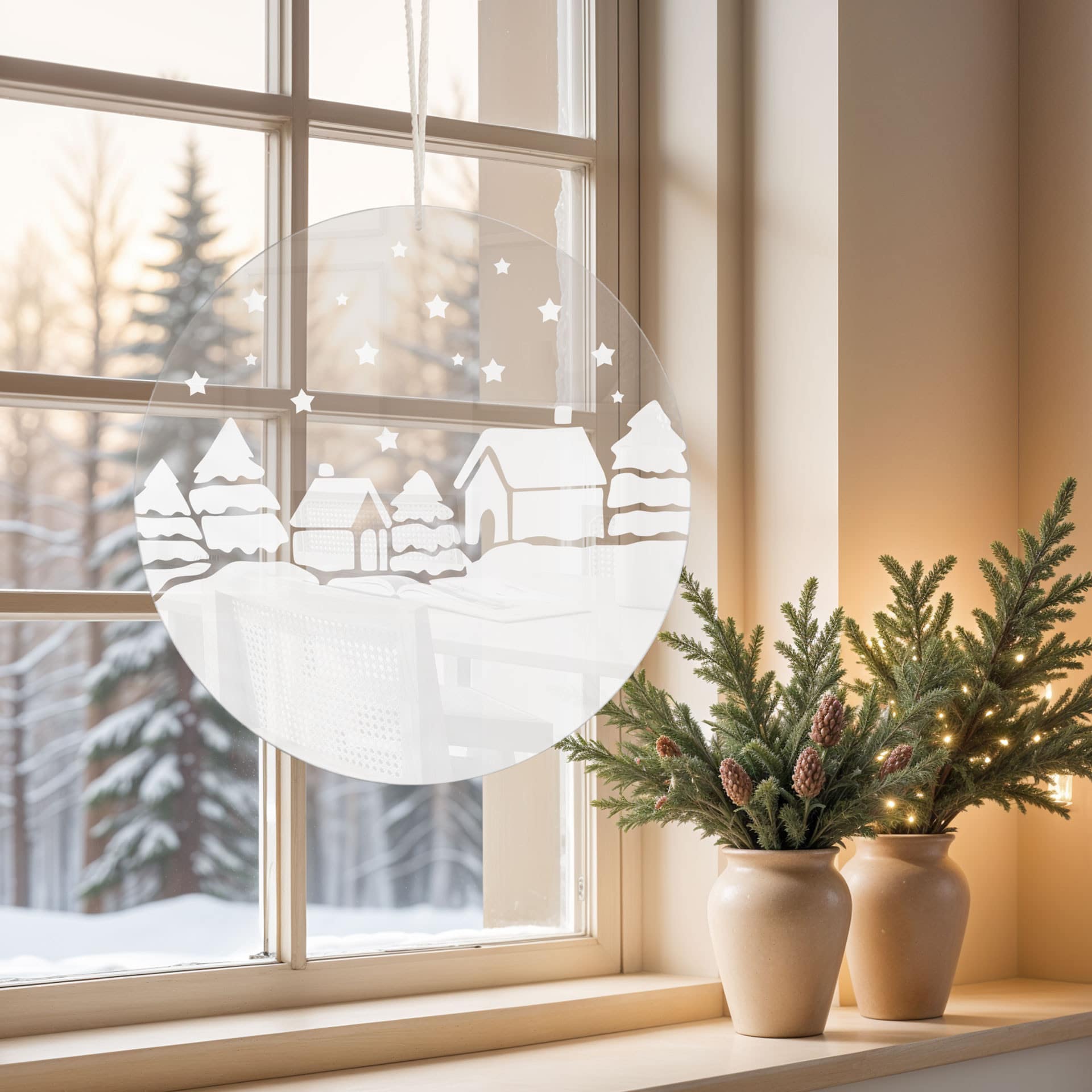 Akrylbillede, vinduesbillede til at hænge Julelandskab - rund