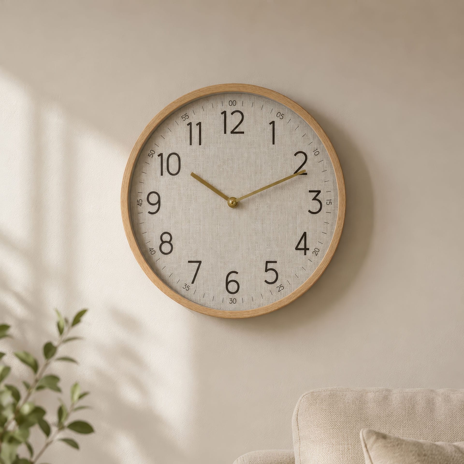 Horloge murale beige avec cadre effet bois, horloge à quartz ronde avec grands chiffres 30x30x4 cm