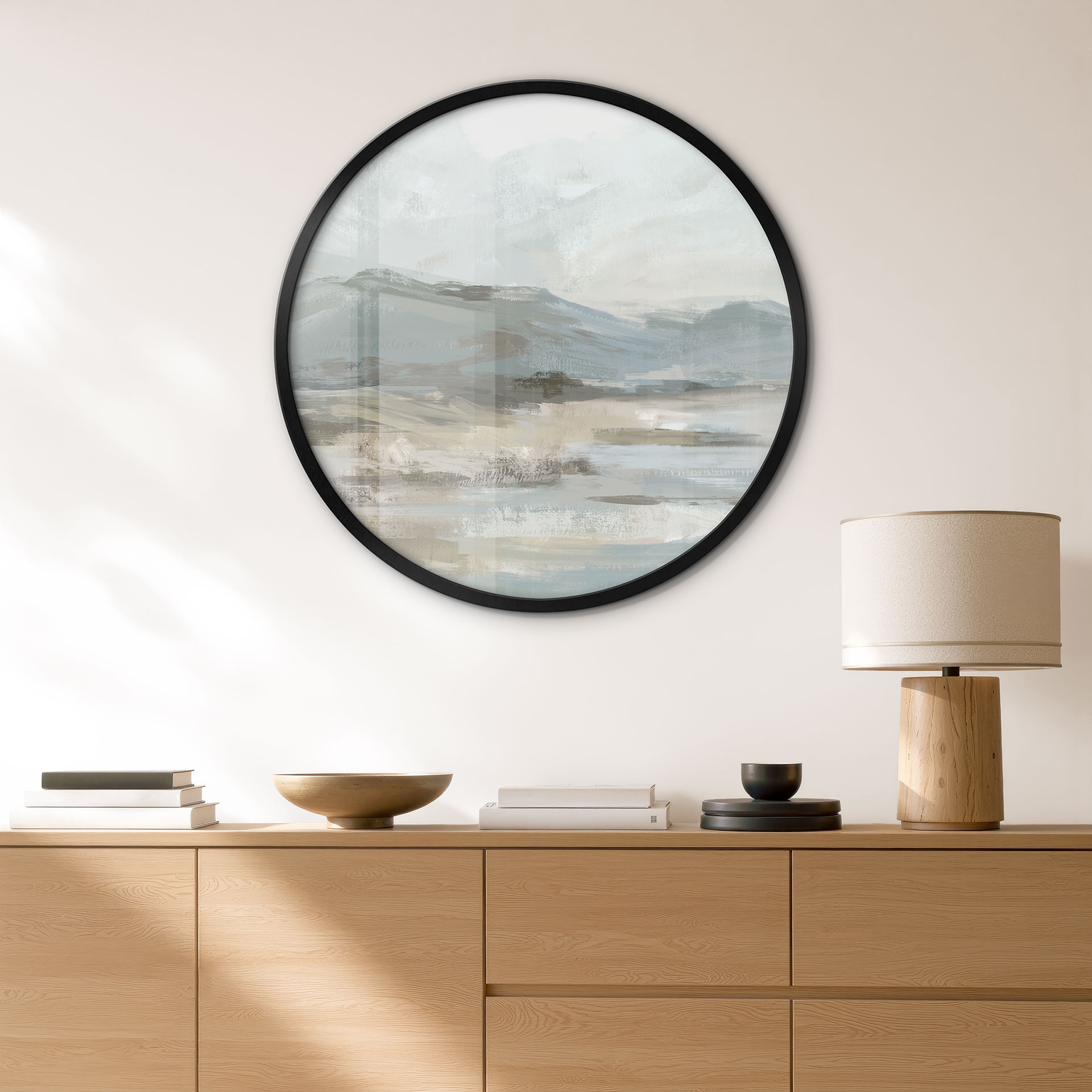 Poster Zacht Kustlandschap Grijs - Cheney - Rond