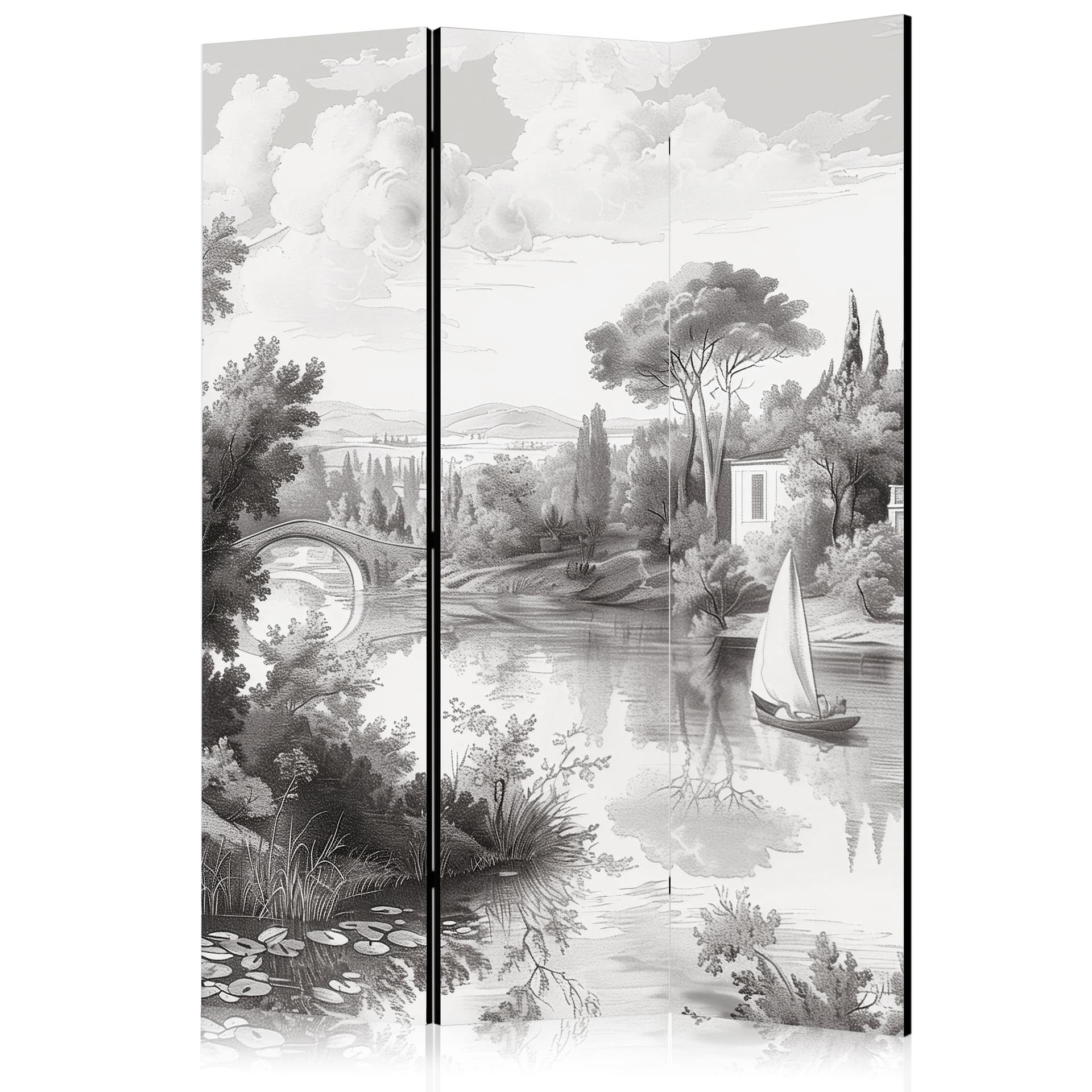 Paravent, Raumteiler freistehend, Trennwand - Black and White Vintage Landscape: Pond with Boat