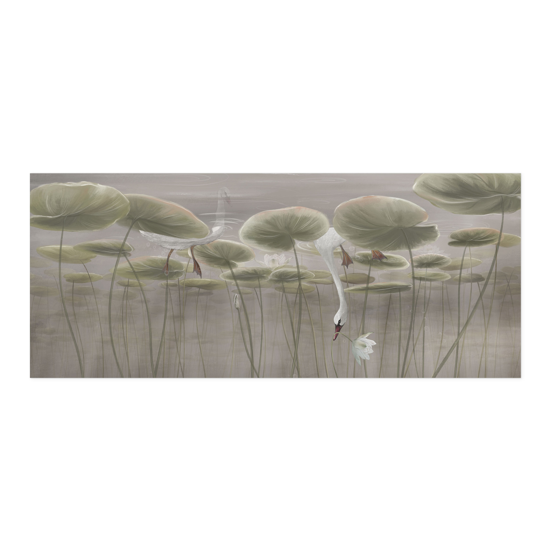 Zelfklevende Keukenachterwand lotusbloemen met zwaan in water in grijs - Ms Tiff