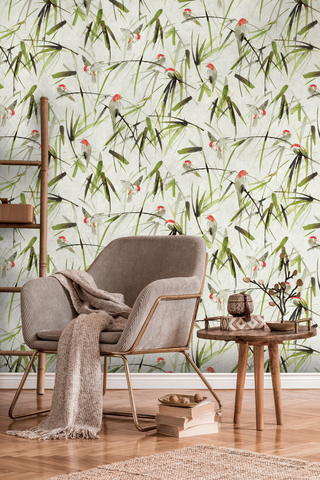 vogel behang beige groen - vliesbehang dieren Livingwalls - mat en glad
